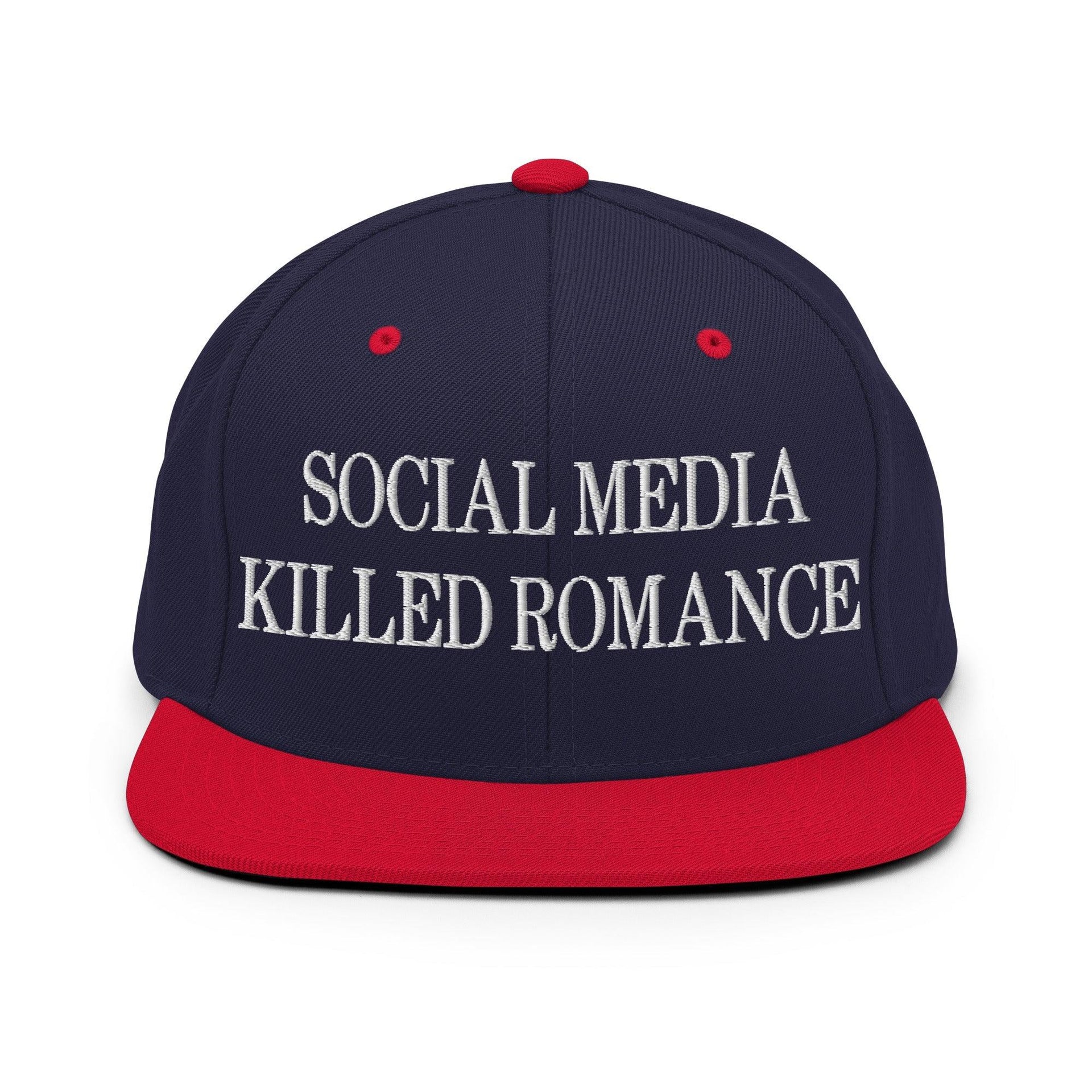 Social Media Killed Romance Flat Bill Brim Snapback Hat Navy Red Capital Crowns Funny Snapback Hats