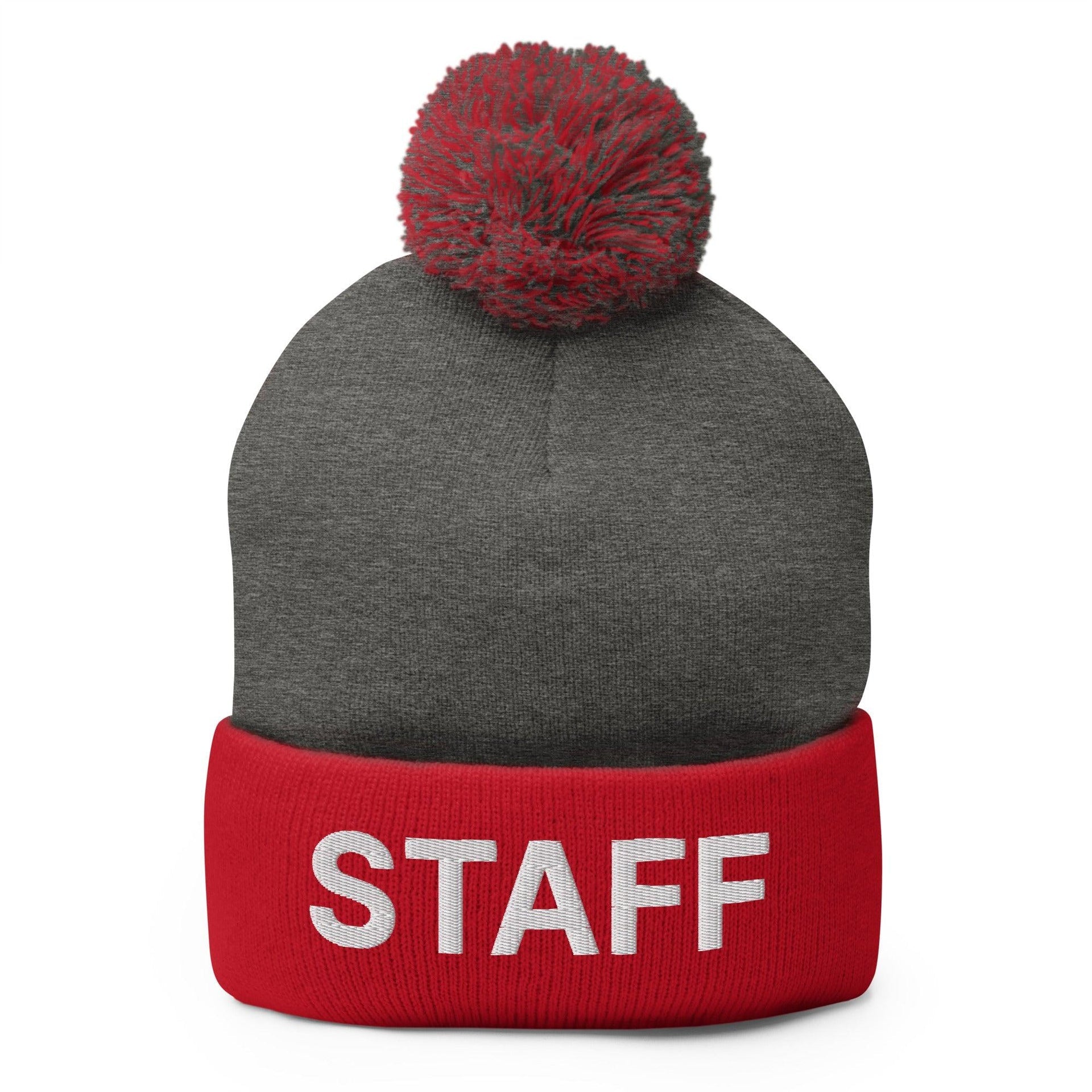 Staff Uniform Work Embroidered Knit Pom Pom Beanie Dark Heather Grey Red Beanies Capital Crowns Work