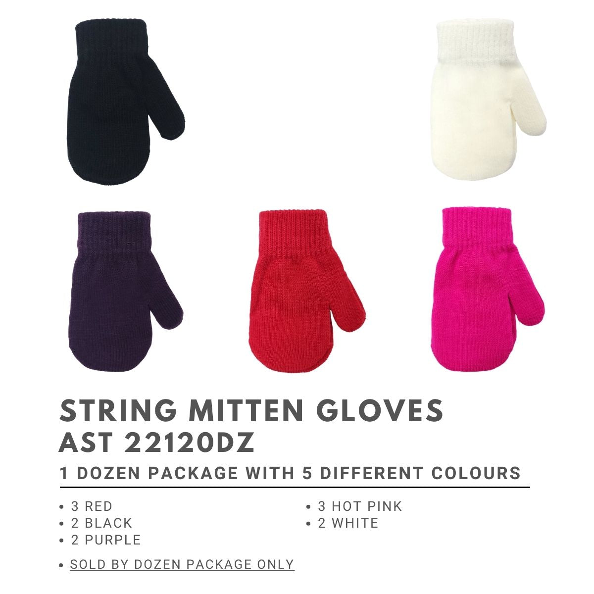 Toddler String Mitten Gloves - 20118AST, Assorted Colour Dozen Package Dozen Package (3 Red 3 Hot Pink 2 Black 2 White 2 Purple) winter accessories Youths