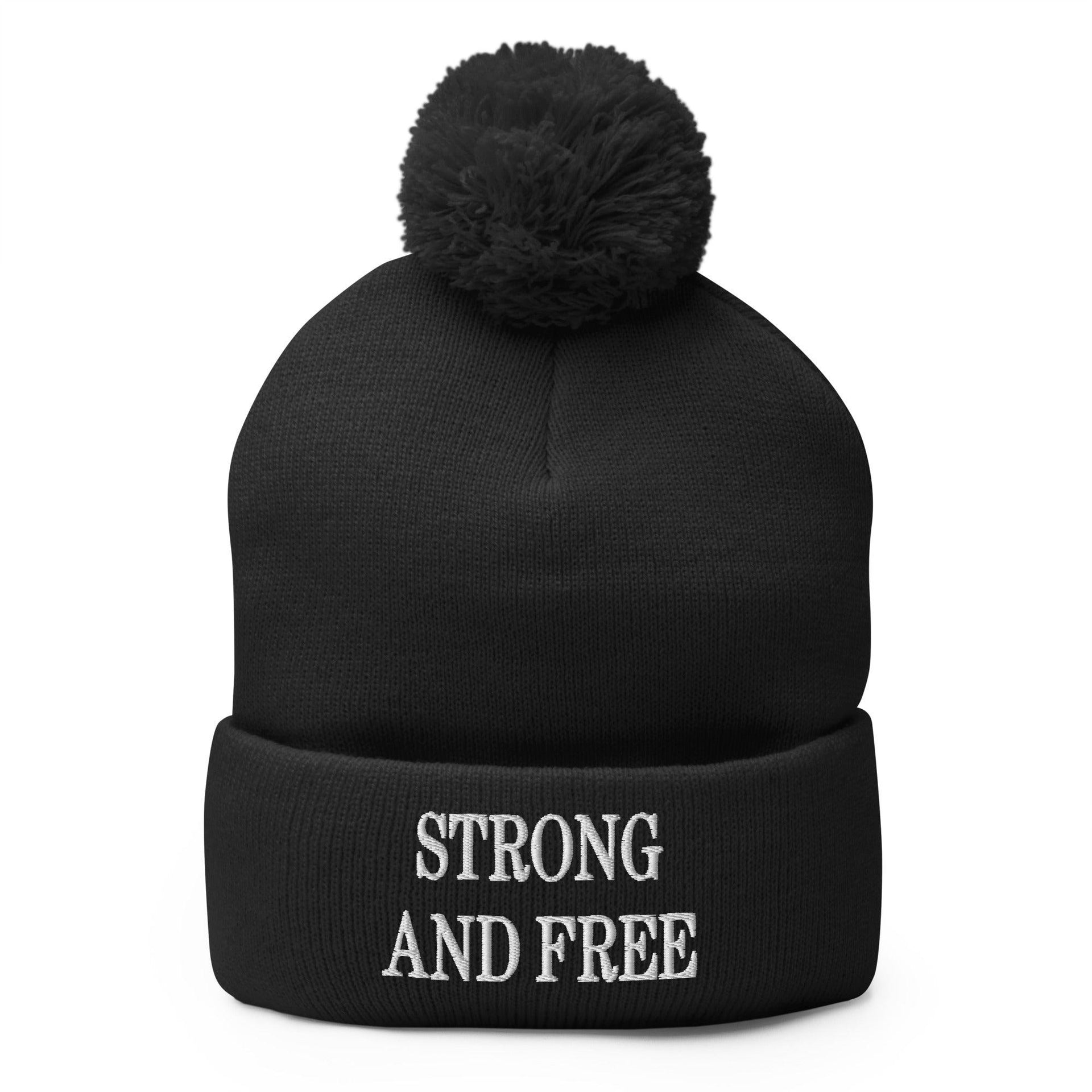 Strong and Free Embroidered Knit Pom Pom Beanie Black Beanies Canada Capital Crowns