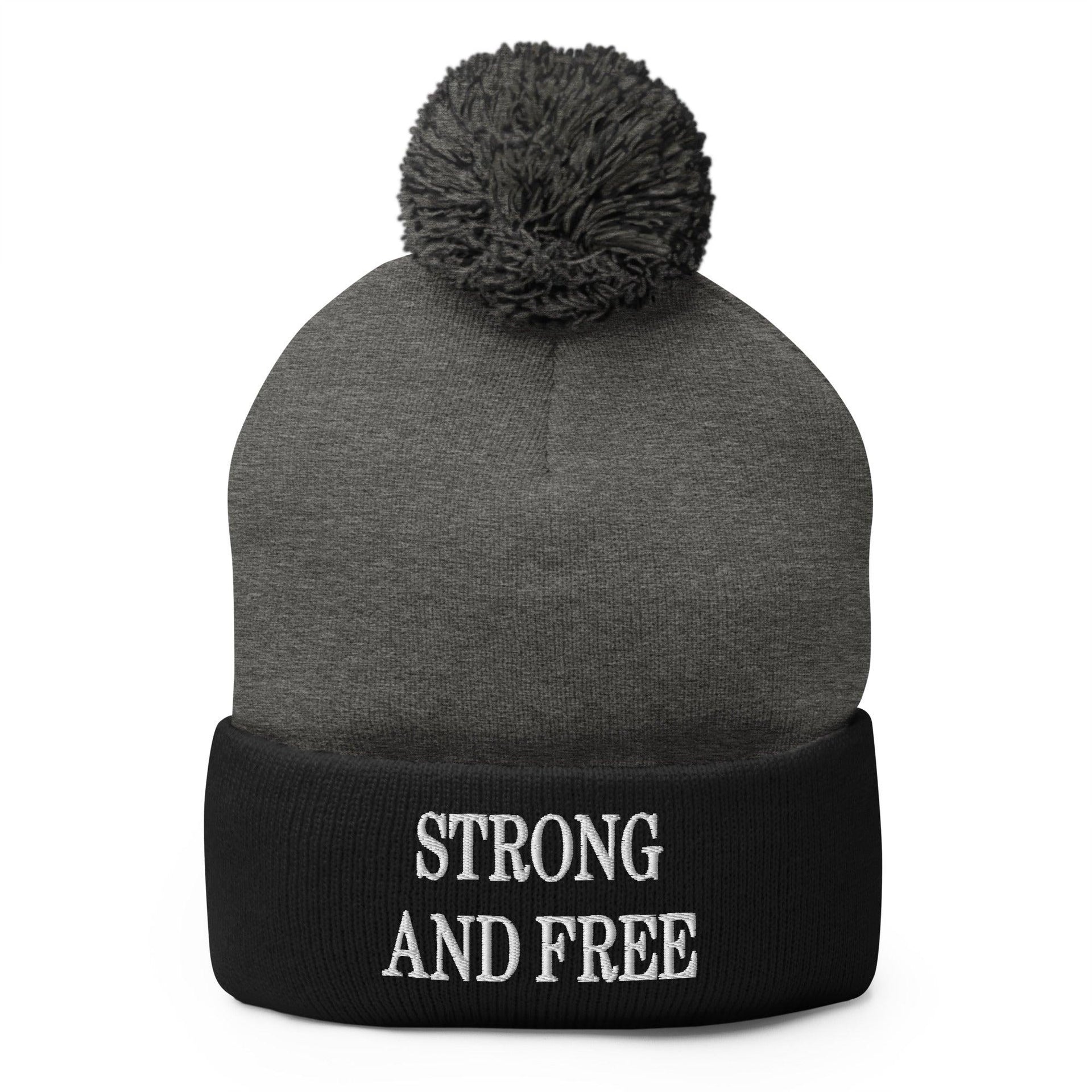Strong and Free Embroidered Knit Pom Pom Beanie Dark Heather Grey Black Beanies Canada Capital Crowns