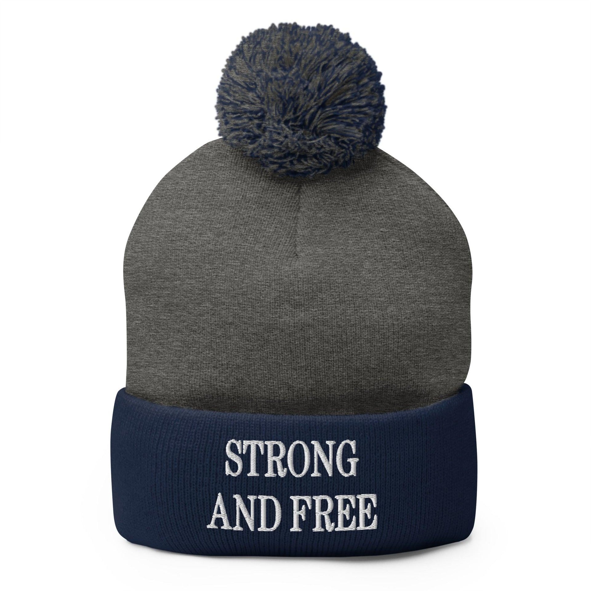 Strong and Free Embroidered Knit Pom Pom Beanie Dark Heather Grey Navy Beanies Canada Capital Crowns