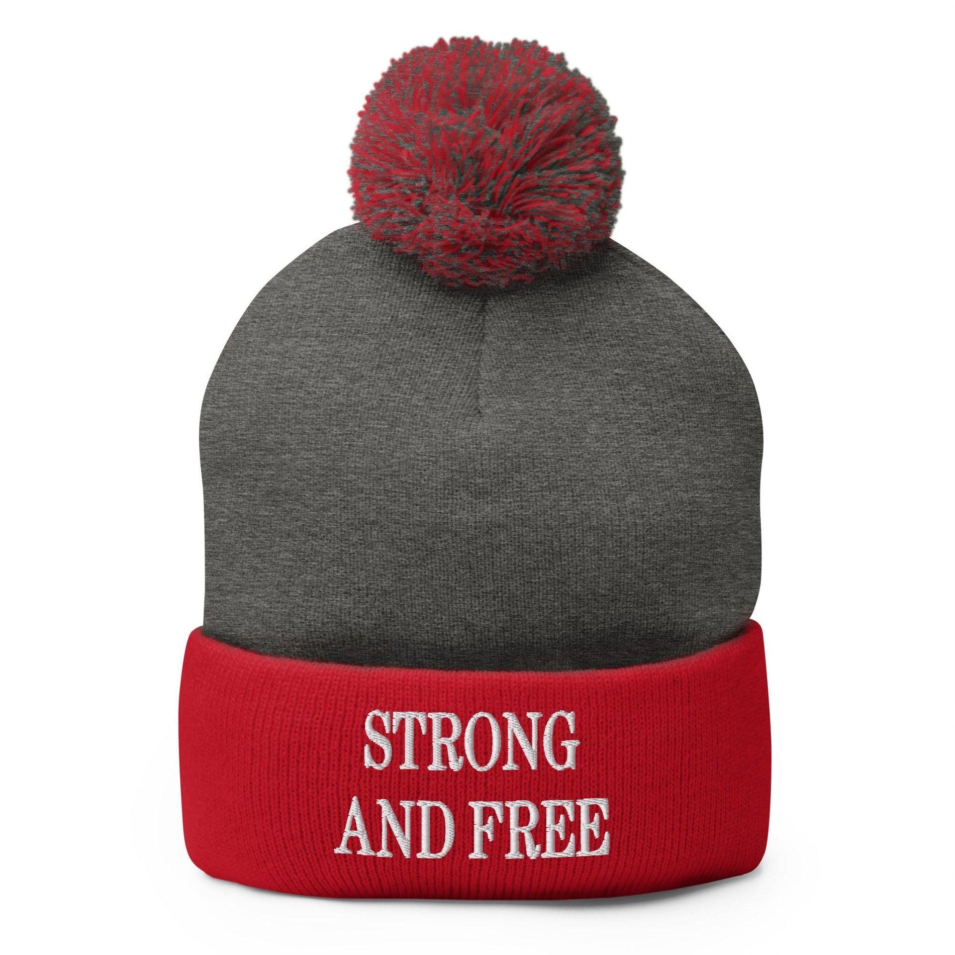 Strong and Free Embroidered Knit Pom Pom Beanie Dark Heather Grey Red Beanies Canada Capital Crowns