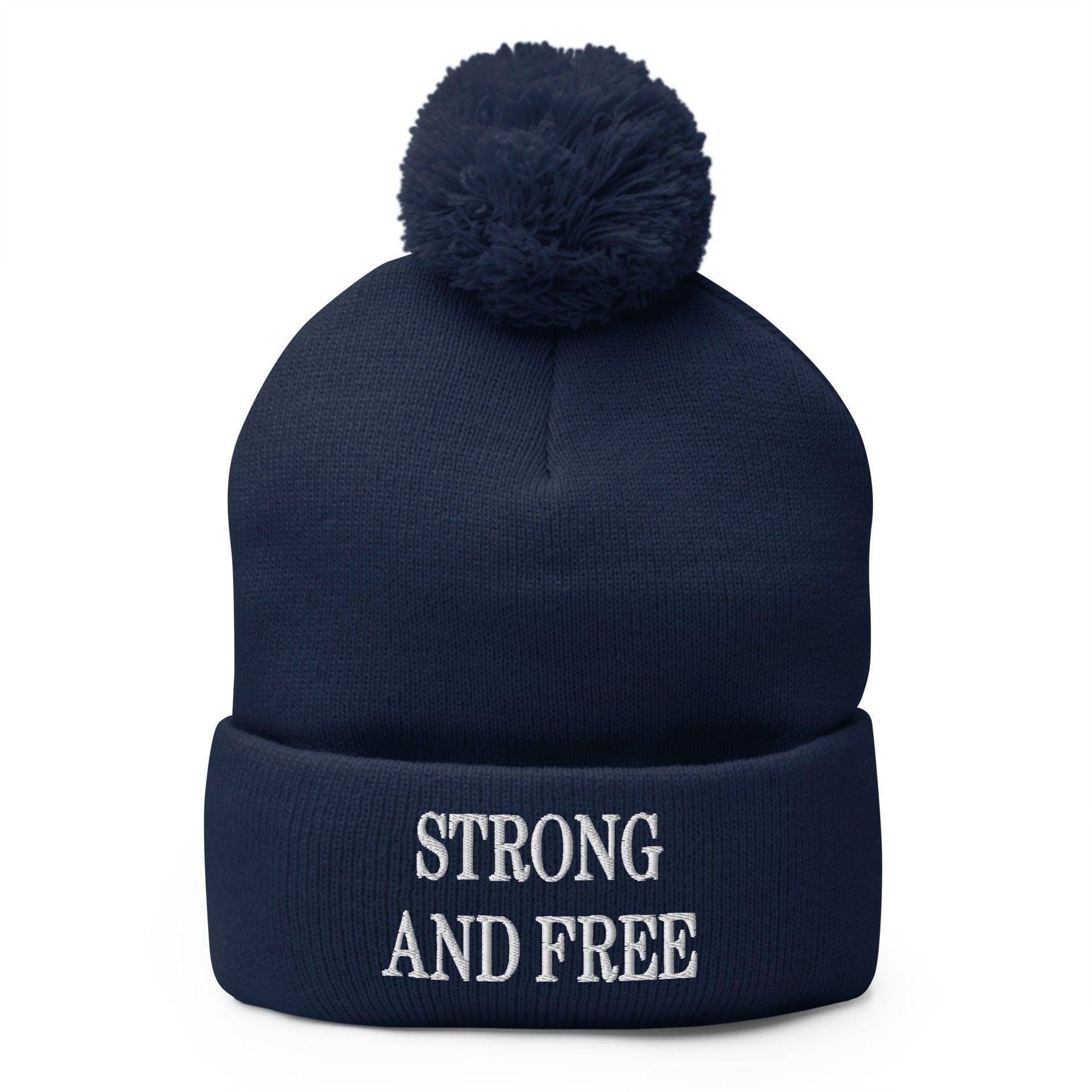 Strong and Free Embroidered Knit Pom Pom Beanie Navy Beanies Canada Capital Crowns