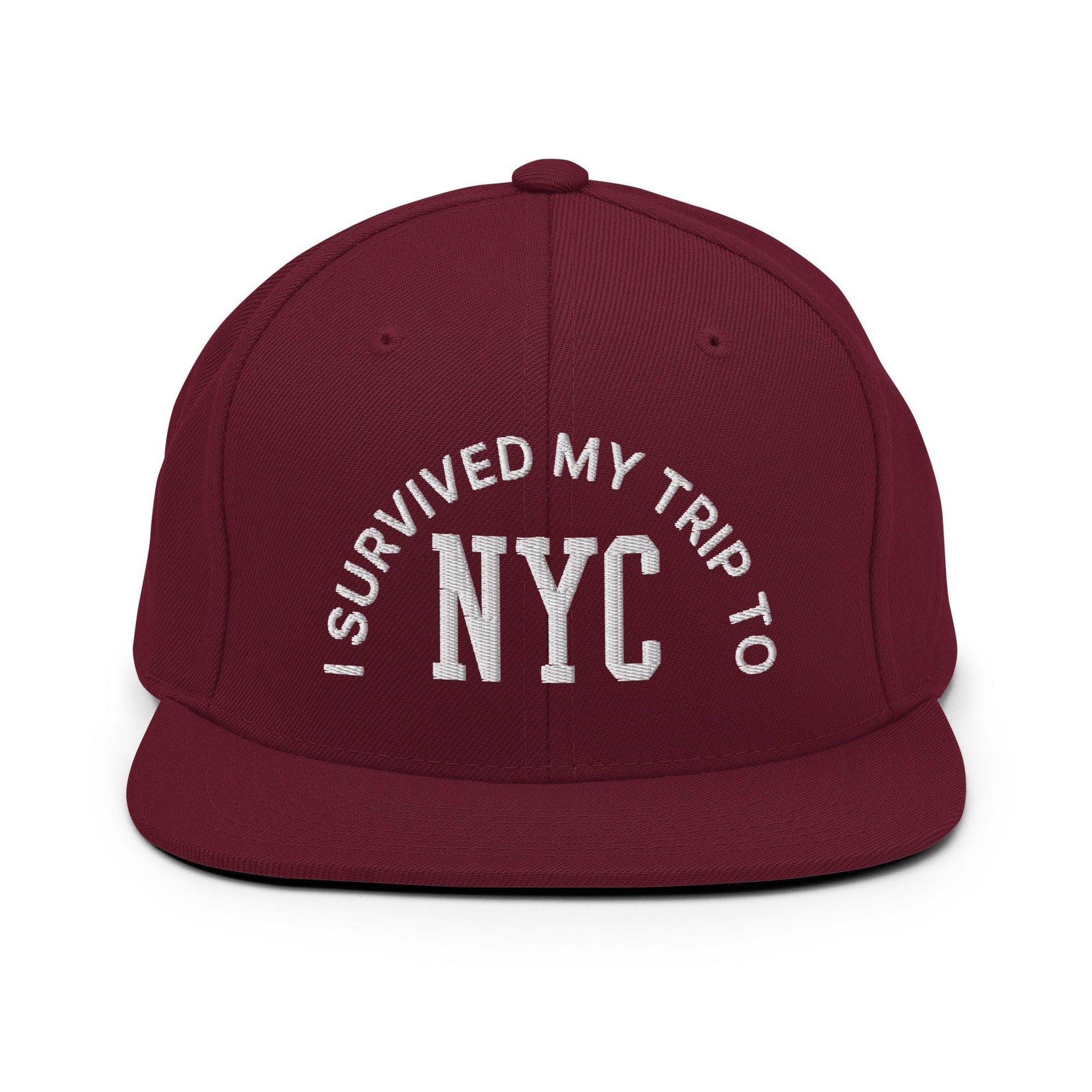 I Survived My Trip to NYC Embroidered Flat Bill Brim Snapback Hat Maroon Capital Crowns New York City NY NYC Snapback Hats