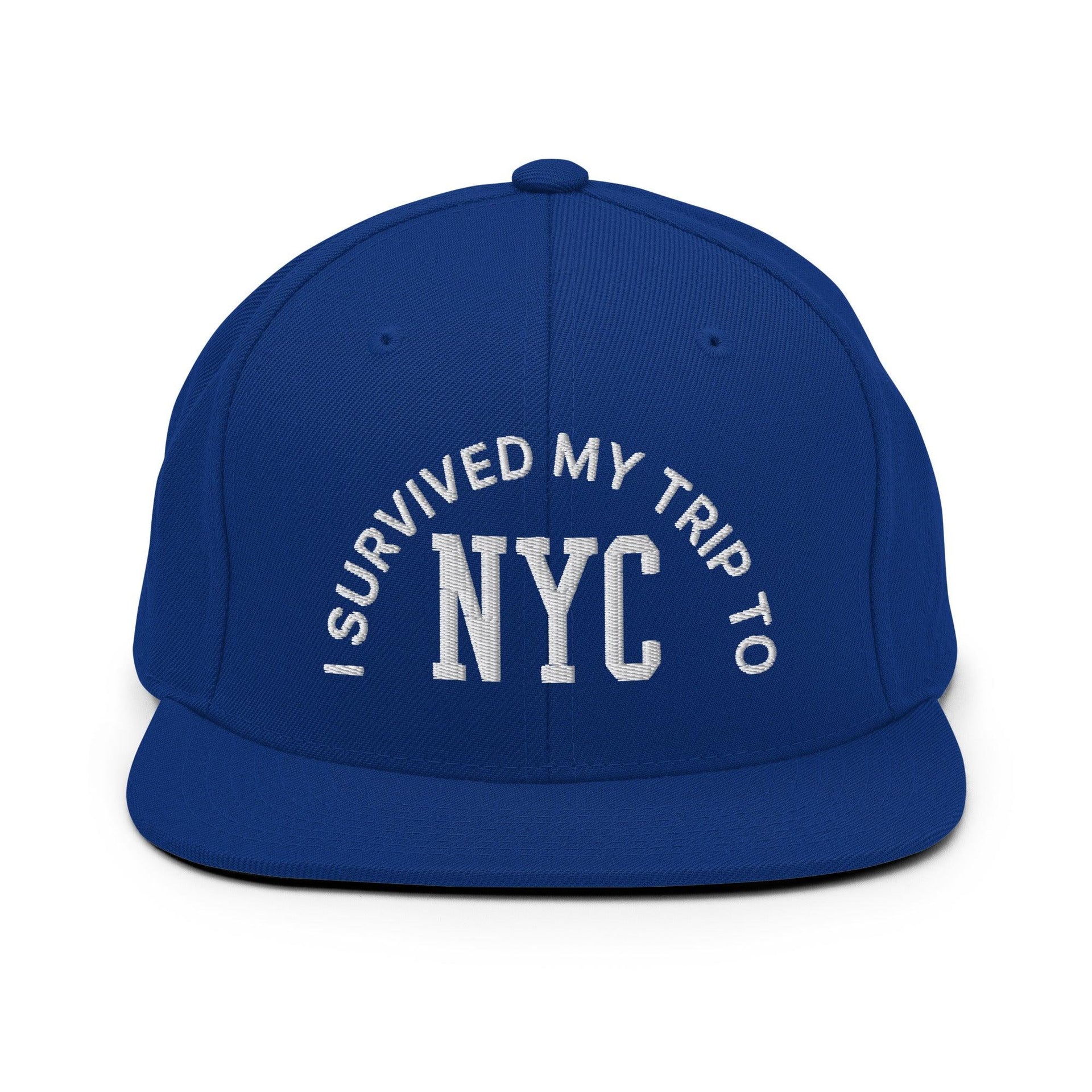 I Survived My Trip to NYC Embroidered Flat Bill Brim Snapback Hat Royal Blue Capital Crowns New York City NY NYC Snapback Hats