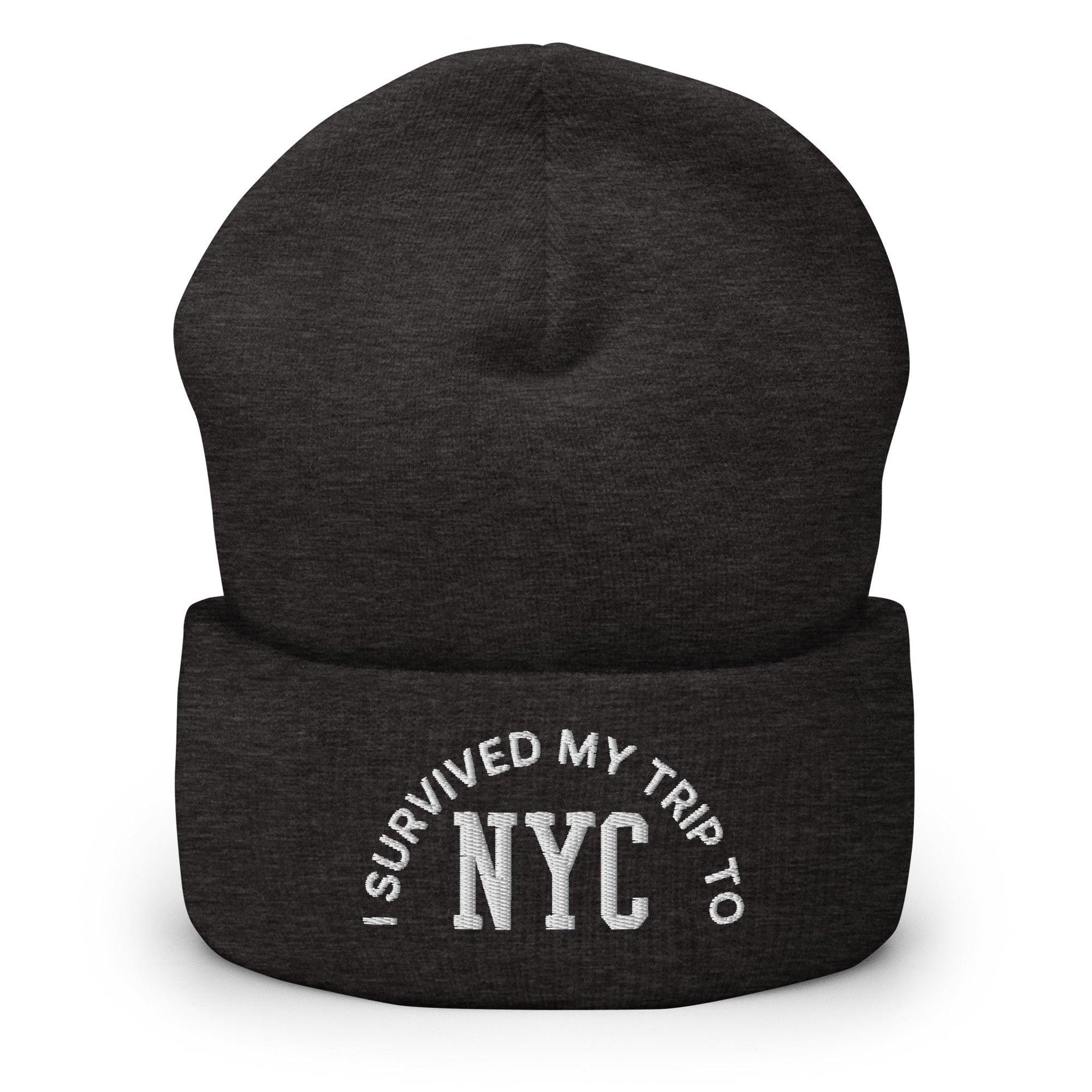 I Survived My Trip to NYC Embroidered Knit Cuffed Beanie Dark Grey Beanies Capital Crowns New York City NY NYC