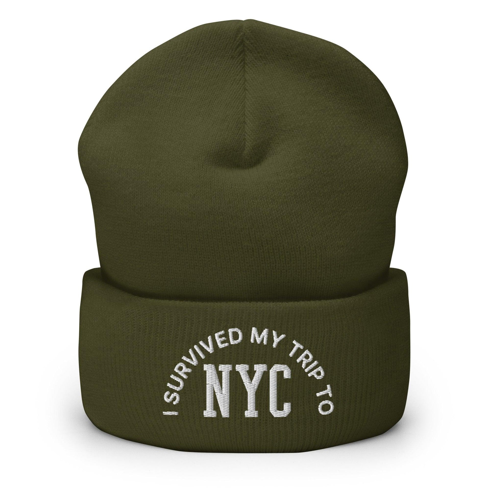 I Survived My Trip to NYC Embroidered Knit Cuffed Beanie Olive Beanies Capital Crowns New York City NY NYC