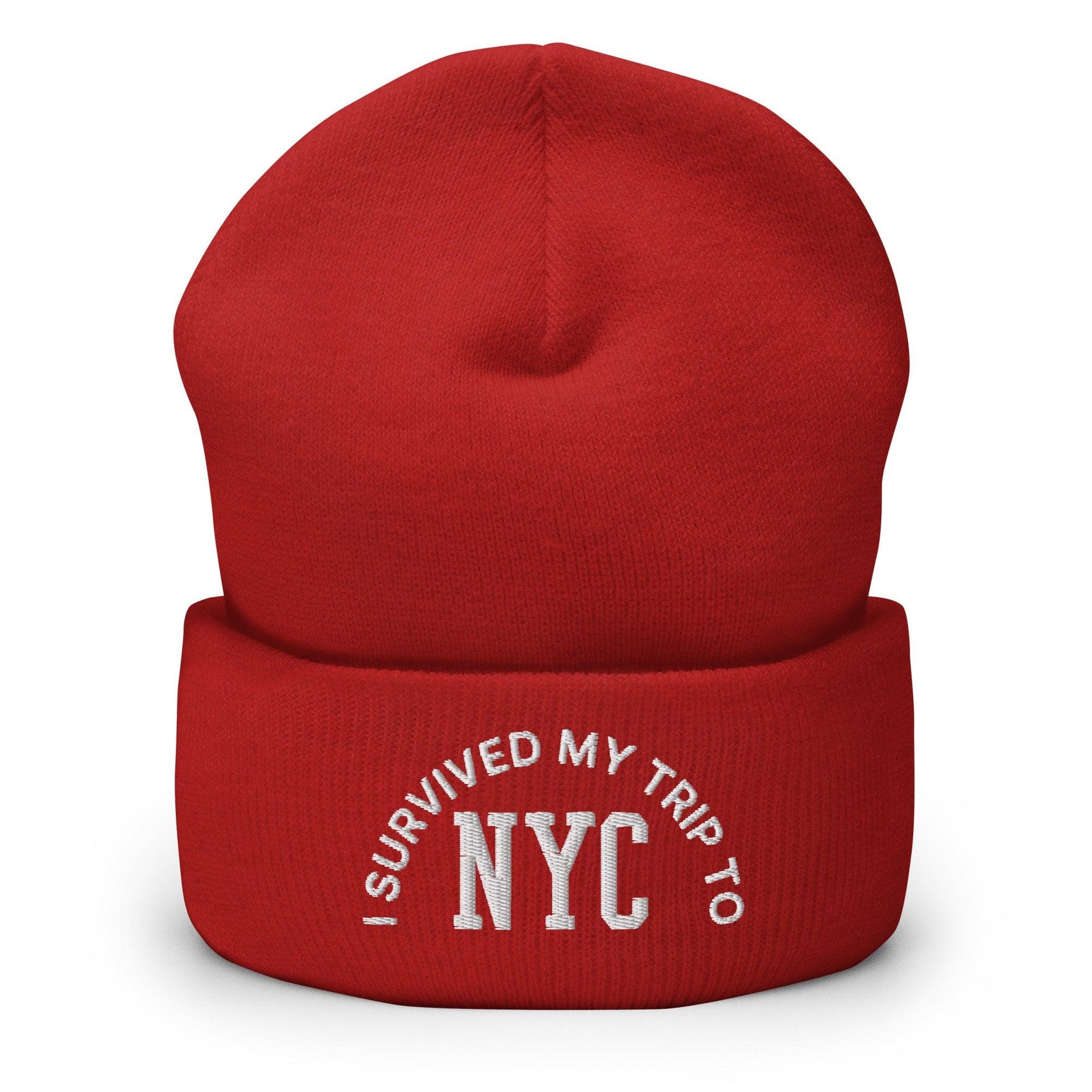 I Survived My Trip to NYC Embroidered Knit Cuffed Beanie Red Beanies Capital Crowns New York City NY NYC