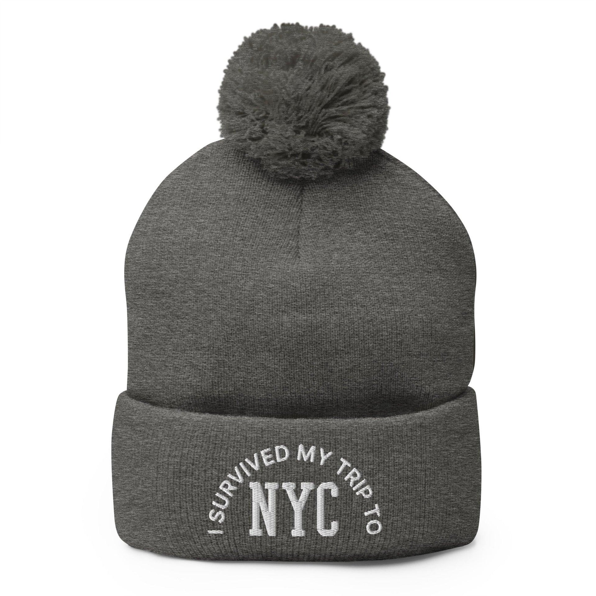 I Survived My Trip to NYC Embroidered Knit Pom Pom Beanie Dark Heather Grey Beanies Capital Crowns New York City NY NYC