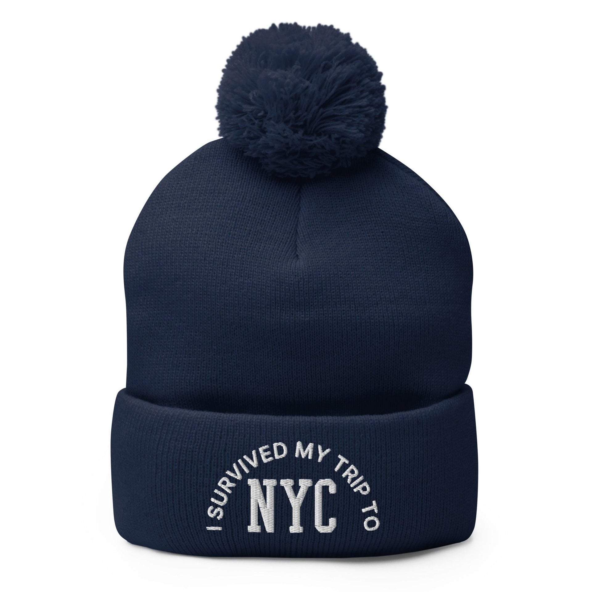 I Survived My Trip to NYC Embroidered Knit Pom Pom Beanie Navy Beanies Capital Crowns New York City NY NYC