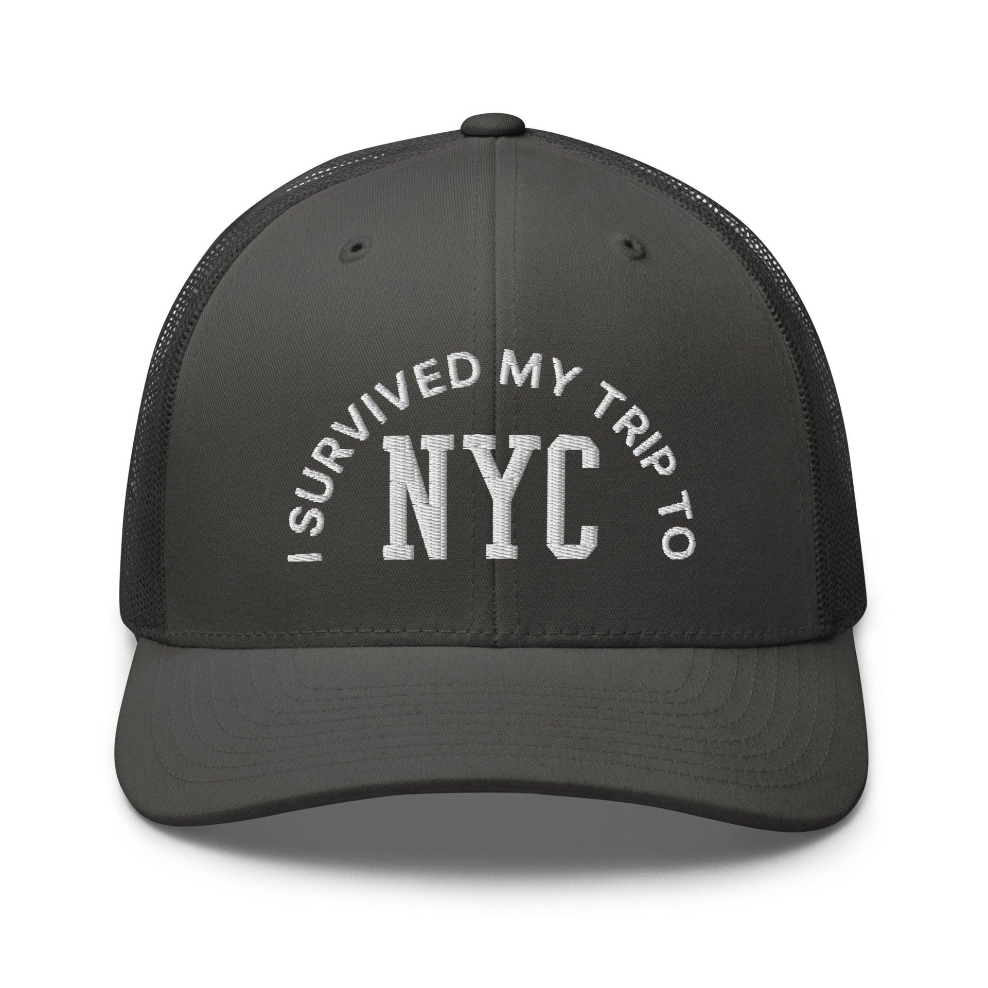 I Survived My Trip to NYC Embroidered Mesh Trucker Hat Charcoal Capital Crowns New York City NY NYC Trucker Hats