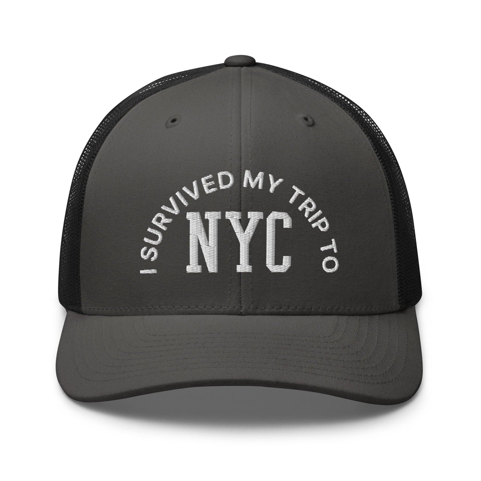 I Survived My Trip to NYC Embroidered Mesh Trucker Hat Charcoal Black Capital Crowns New York City NY NYC Trucker Hats