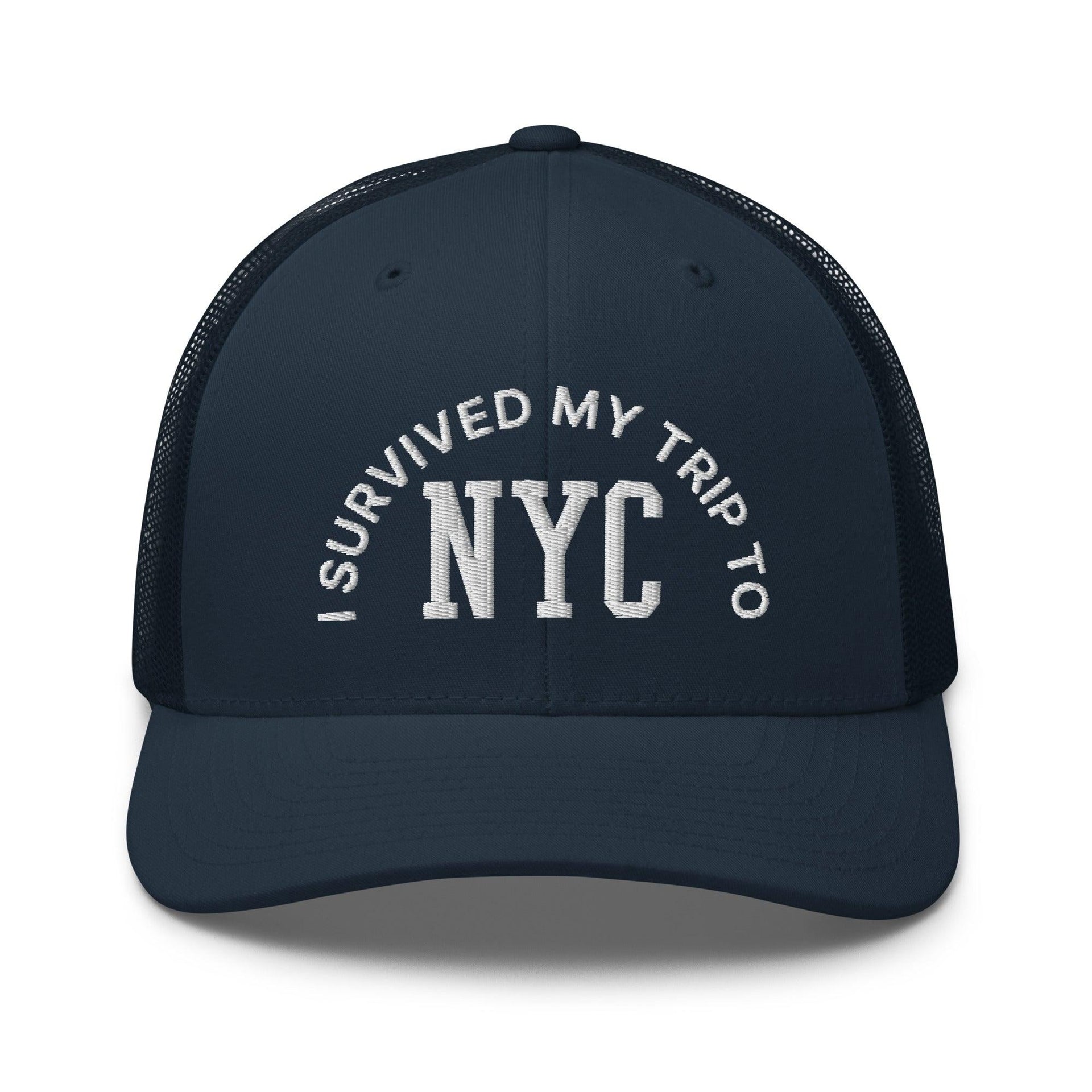 I Survived My Trip to NYC Embroidered Mesh Trucker Hat Navy Capital Crowns New York City NY NYC Trucker Hats