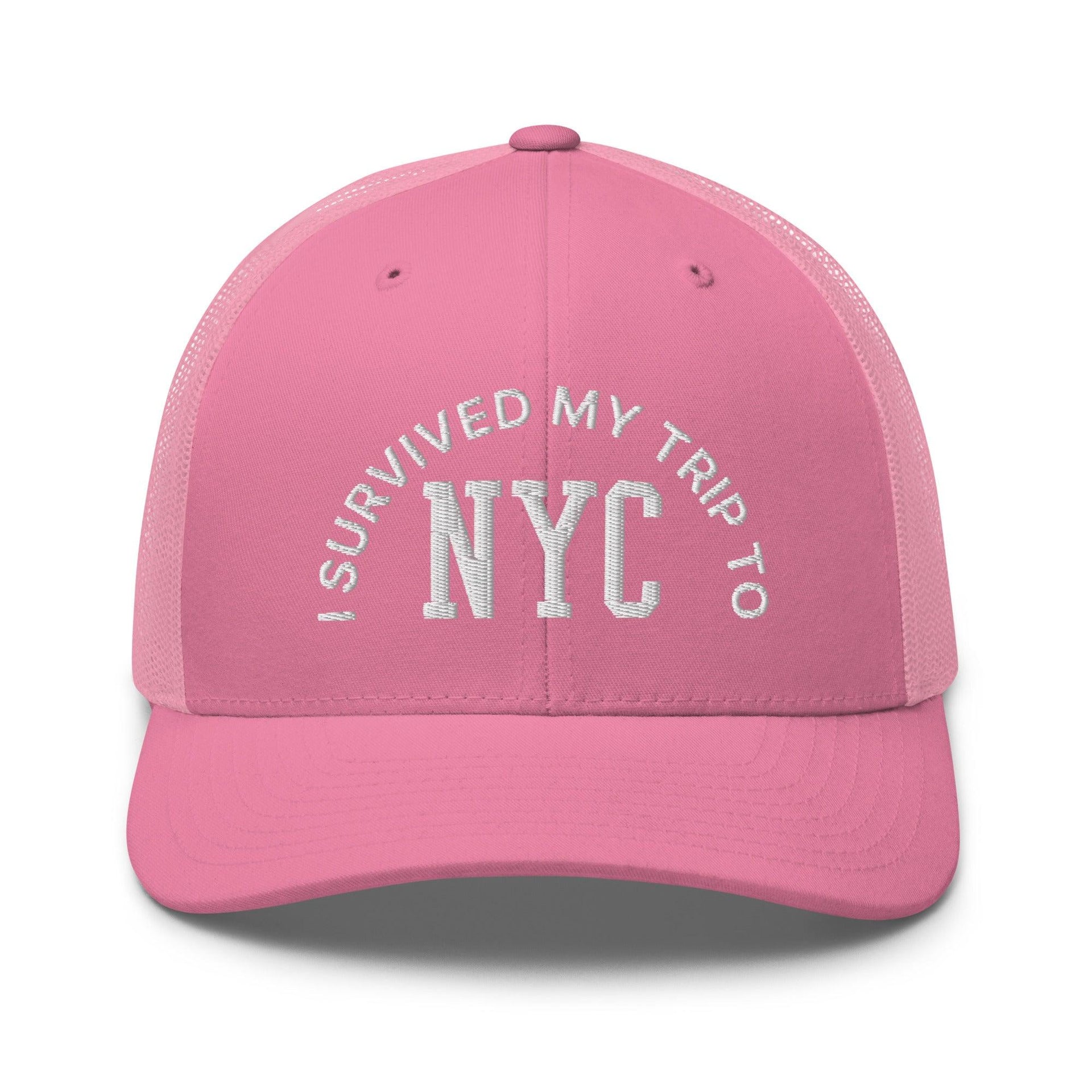 I Survived My Trip to NYC Embroidered Mesh Trucker Hat Pink Capital Crowns New York City NY NYC Trucker Hats