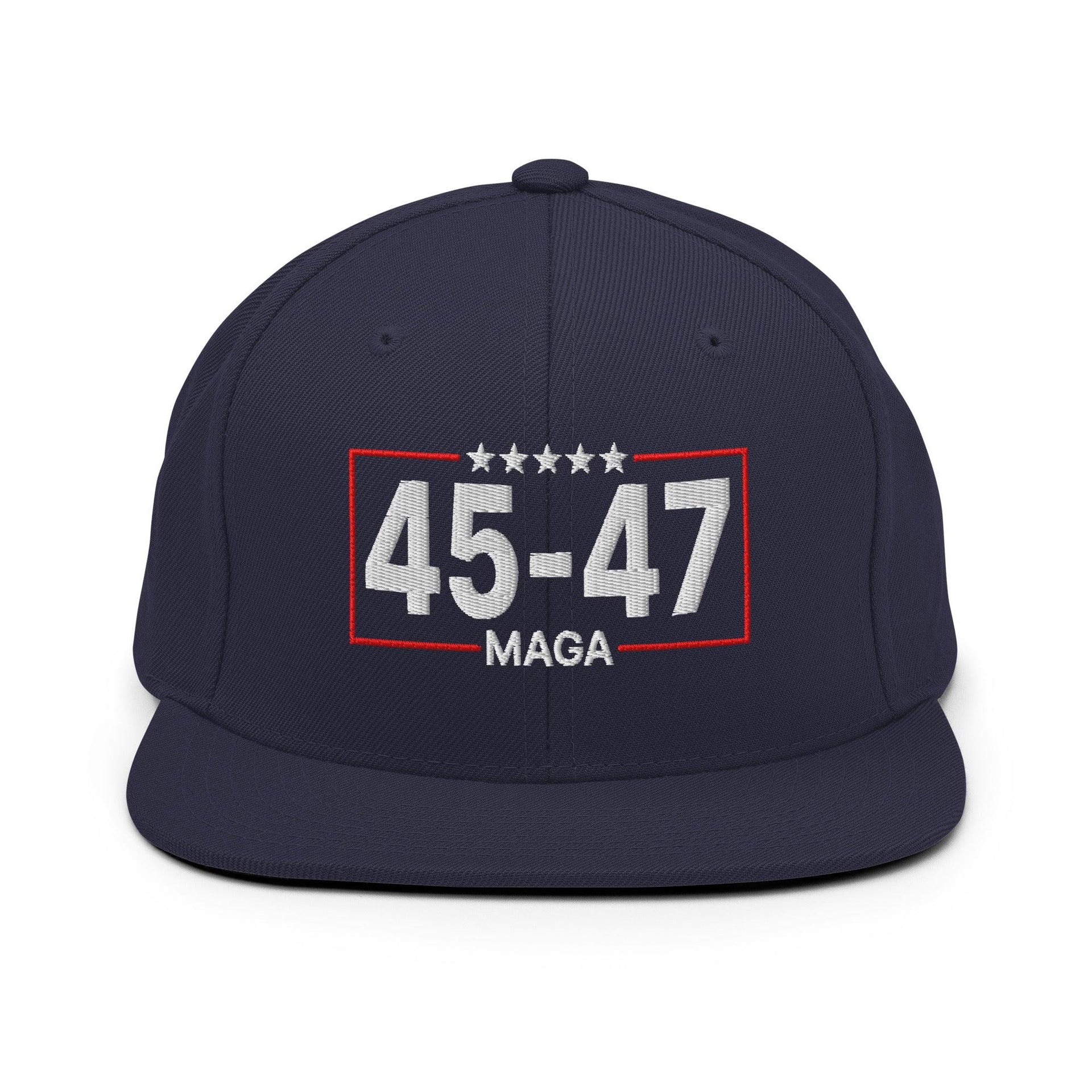 Trump 45-47 MAGA Embroidered Flat Bill Brim Snapback Hat Navy Capital Crowns Conservative LADs Snapback Hats