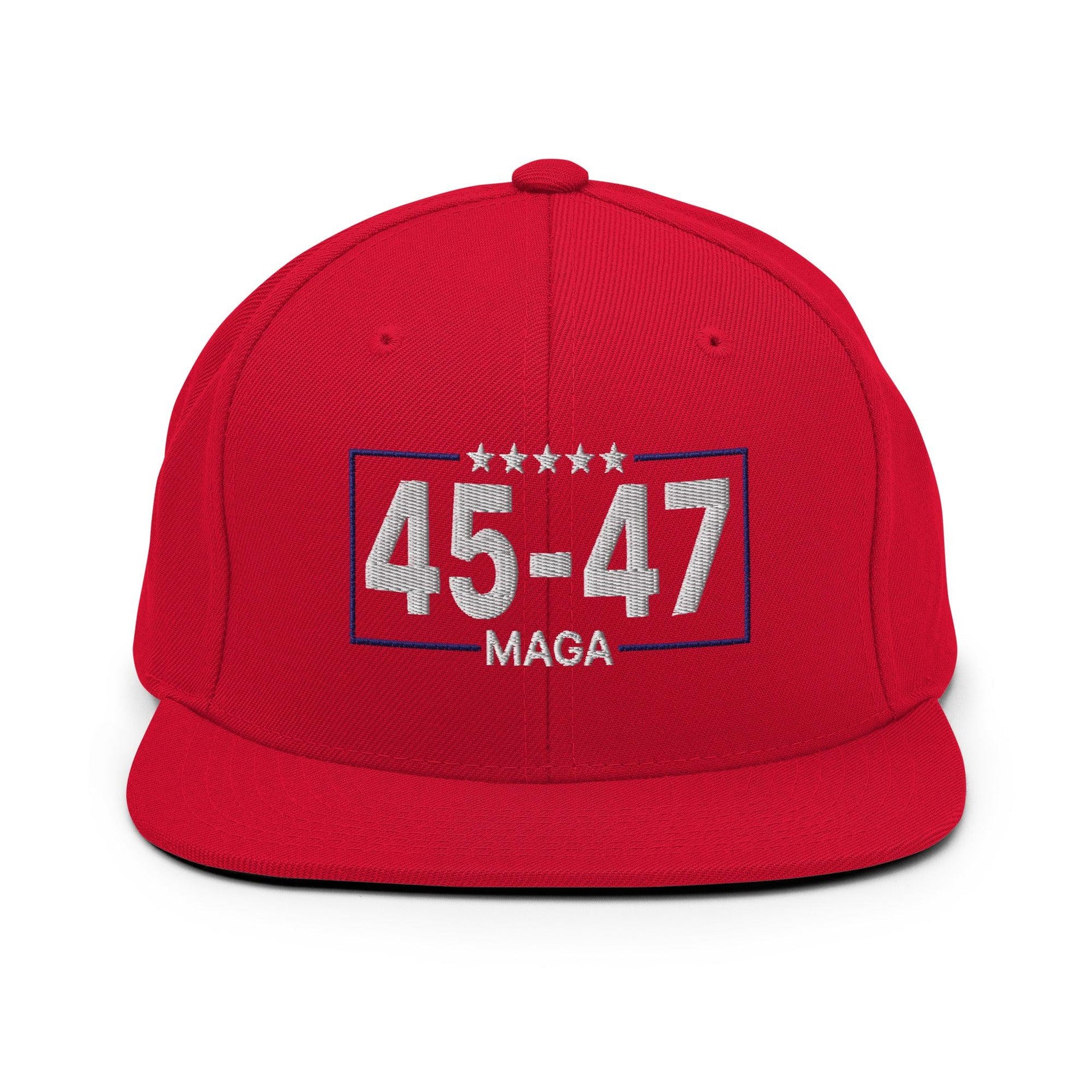 Trump 45-47 MAGA Embroidered Flat Bill Brim Snapback Hat Red Capital Crowns Conservative LADs Snapback Hats