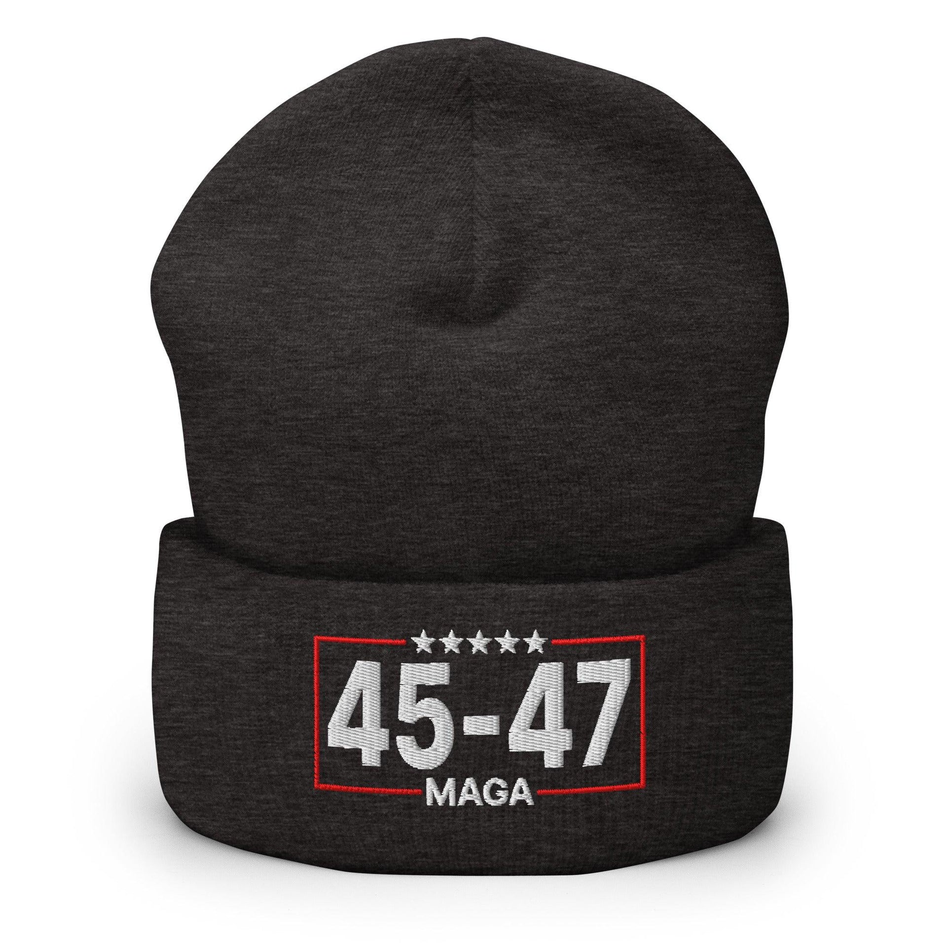 Trump 45-47 MAGA Embroidered Knit Cuffed Beanie Dark Grey Beanies Capital Crowns Conservative LADs