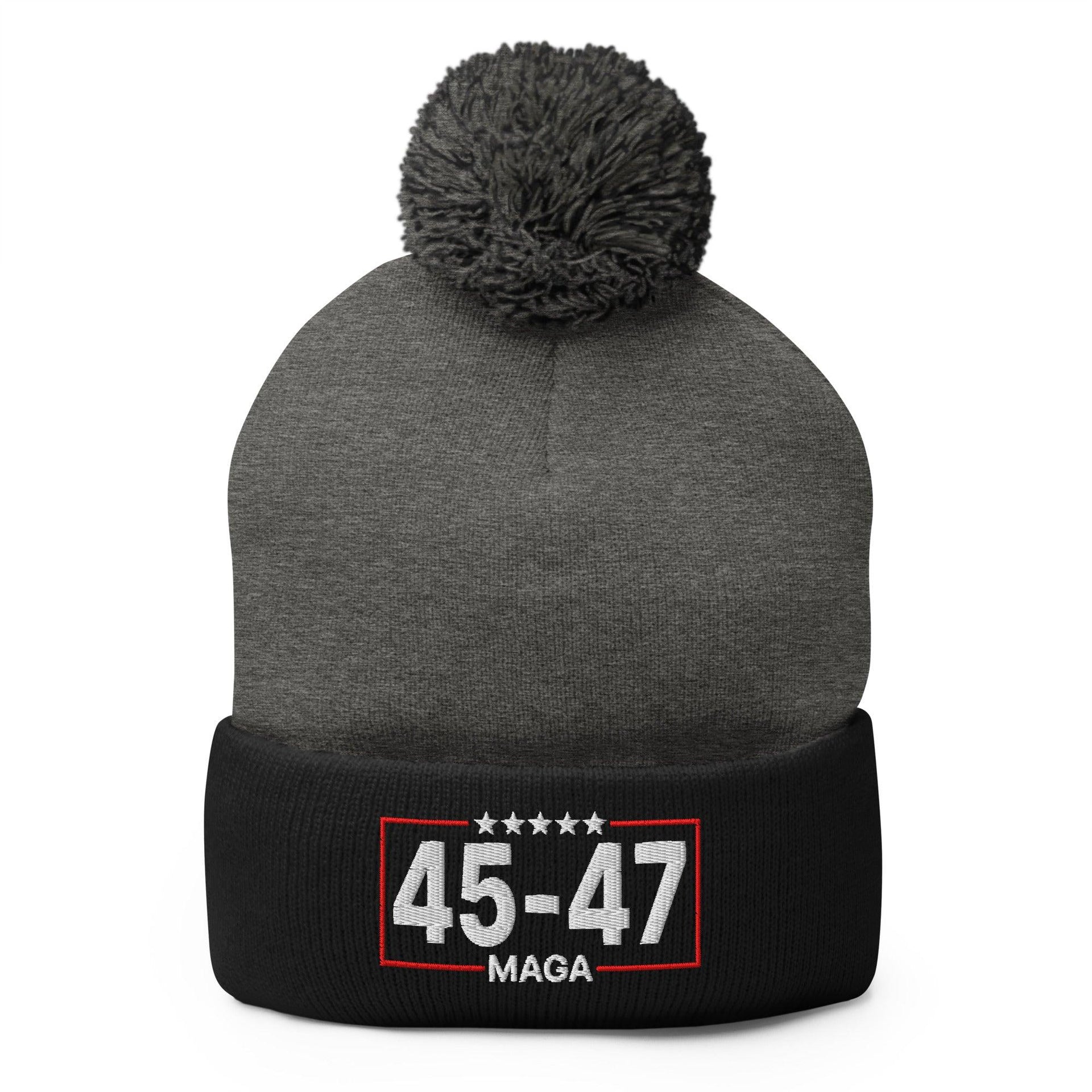 Trump 45-47 MAGA Embroidered Knit Pom Pom Beanie Dark Heather Grey Black Beanies Capital Crowns Conservative LADs