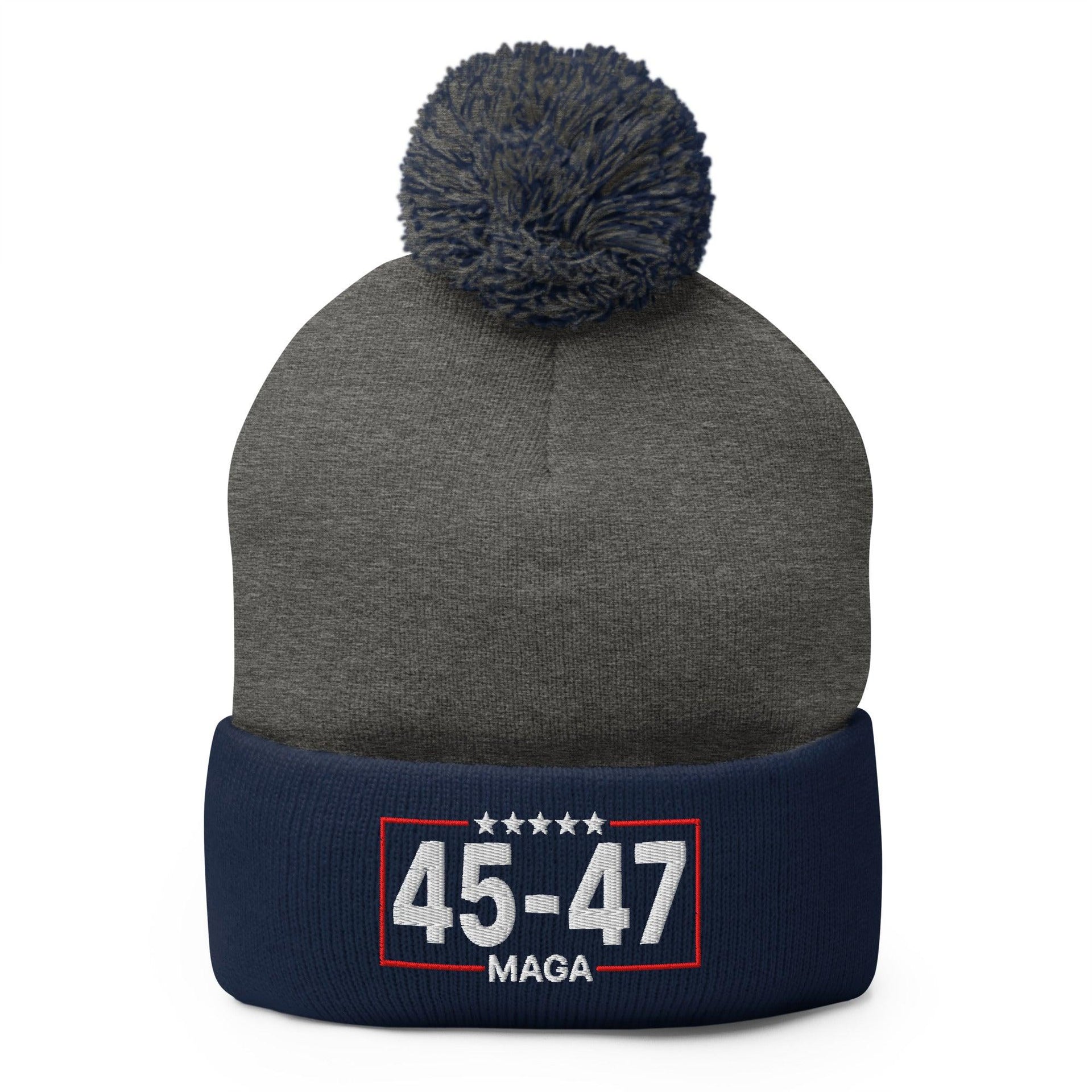 Trump 45-47 MAGA Embroidered Knit Pom Pom Beanie Dark Heather Grey Navy Beanies Capital Crowns Conservative LADs