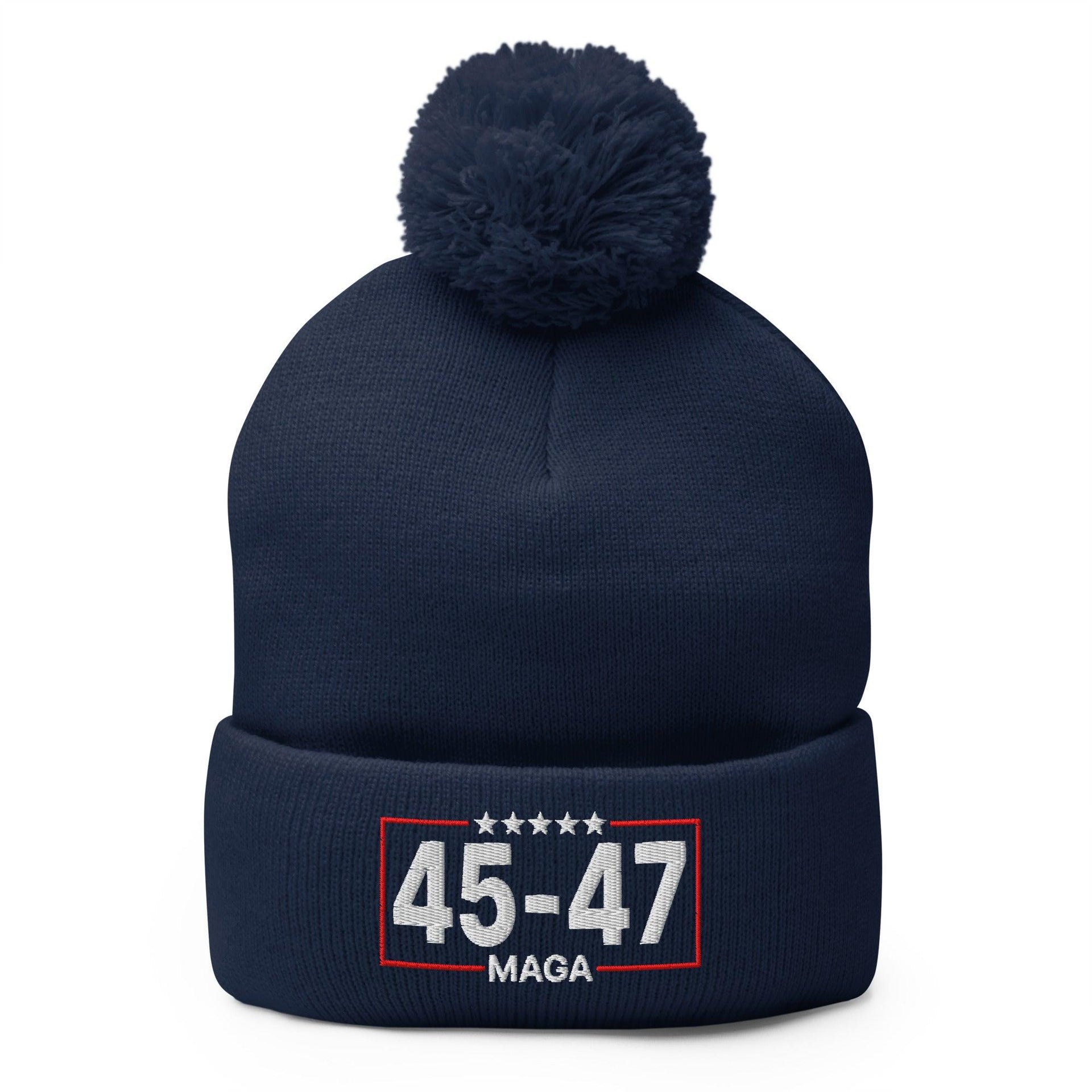 Trump 45-47 MAGA Embroidered Knit Pom Pom Beanie Navy Beanies Capital Crowns Conservative LADs
