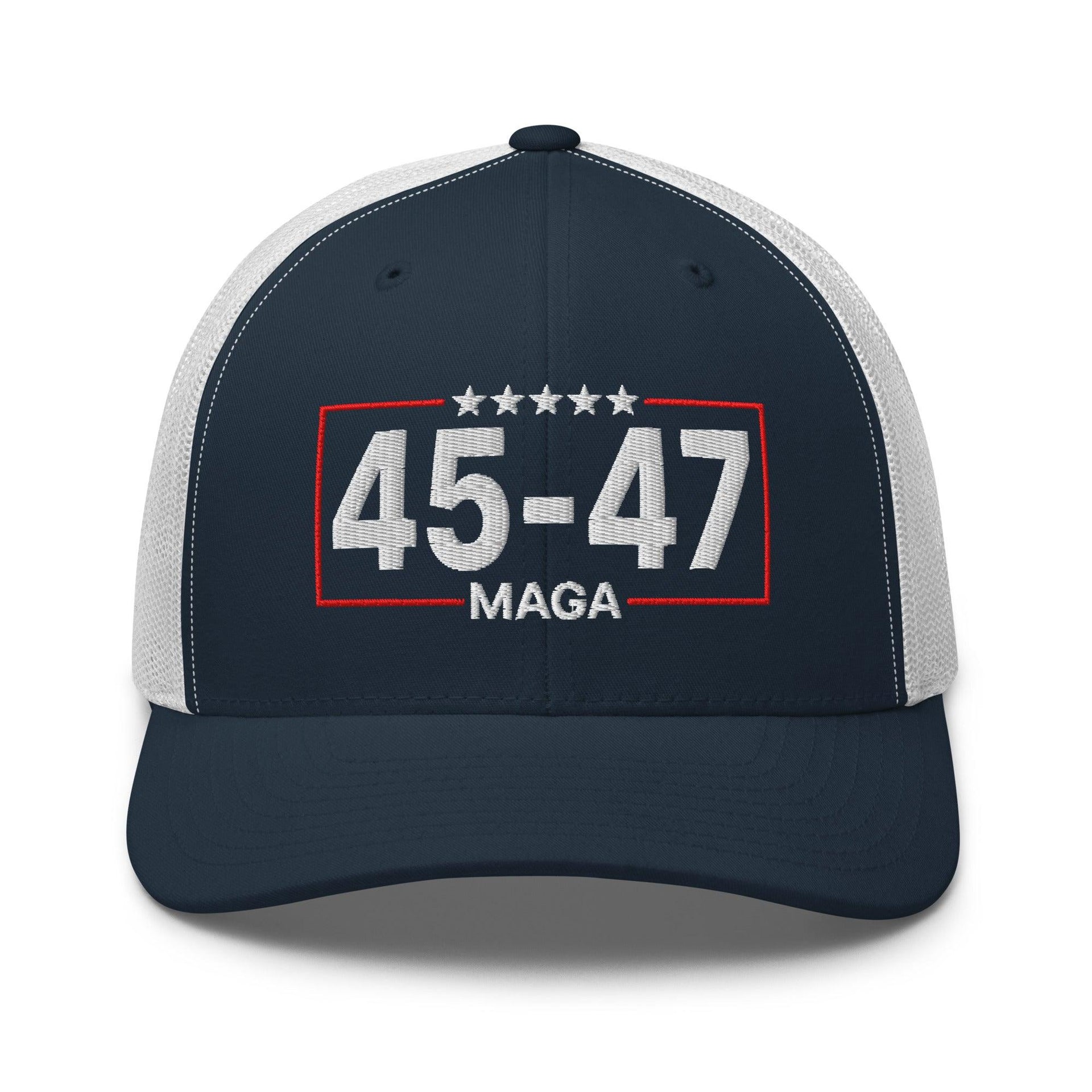Trump 45-47 MAGA Embroidered Mesh Trucker Hat Navy White Capital Crowns Conservative LADs Trucker Hats
