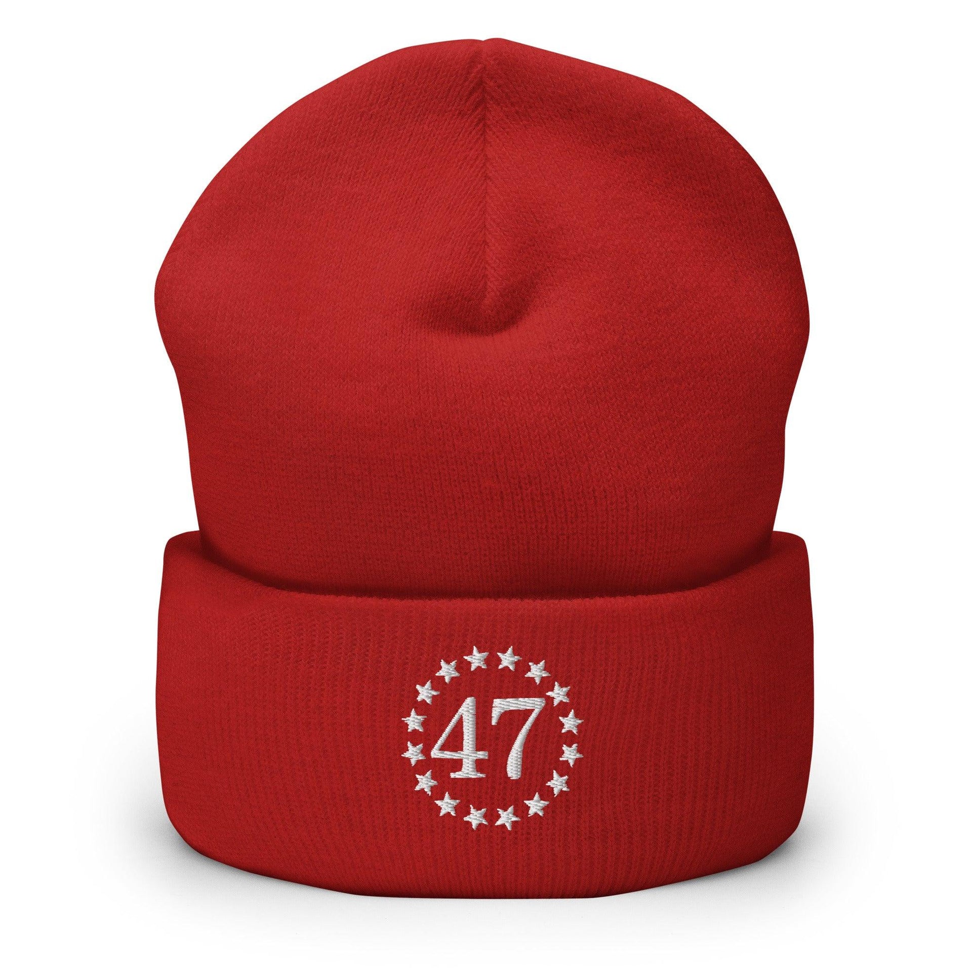 Trump 47 Embroidered Knit Cuffed Beanie Red Beanies Capital Crowns Conservative LADs Trump