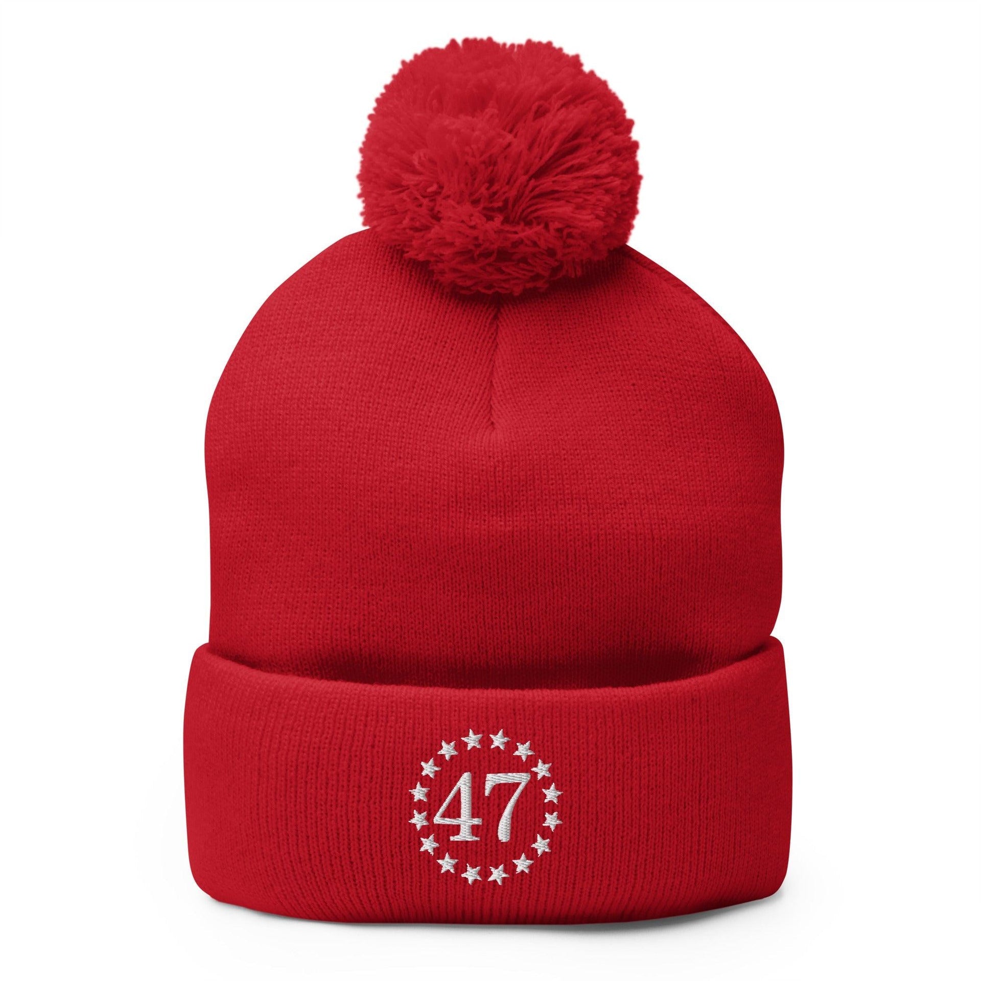 Trump 47 Embroidered Knit Pom Pom Beanie Red Beanies Capital Crowns Conservative LADs Trump