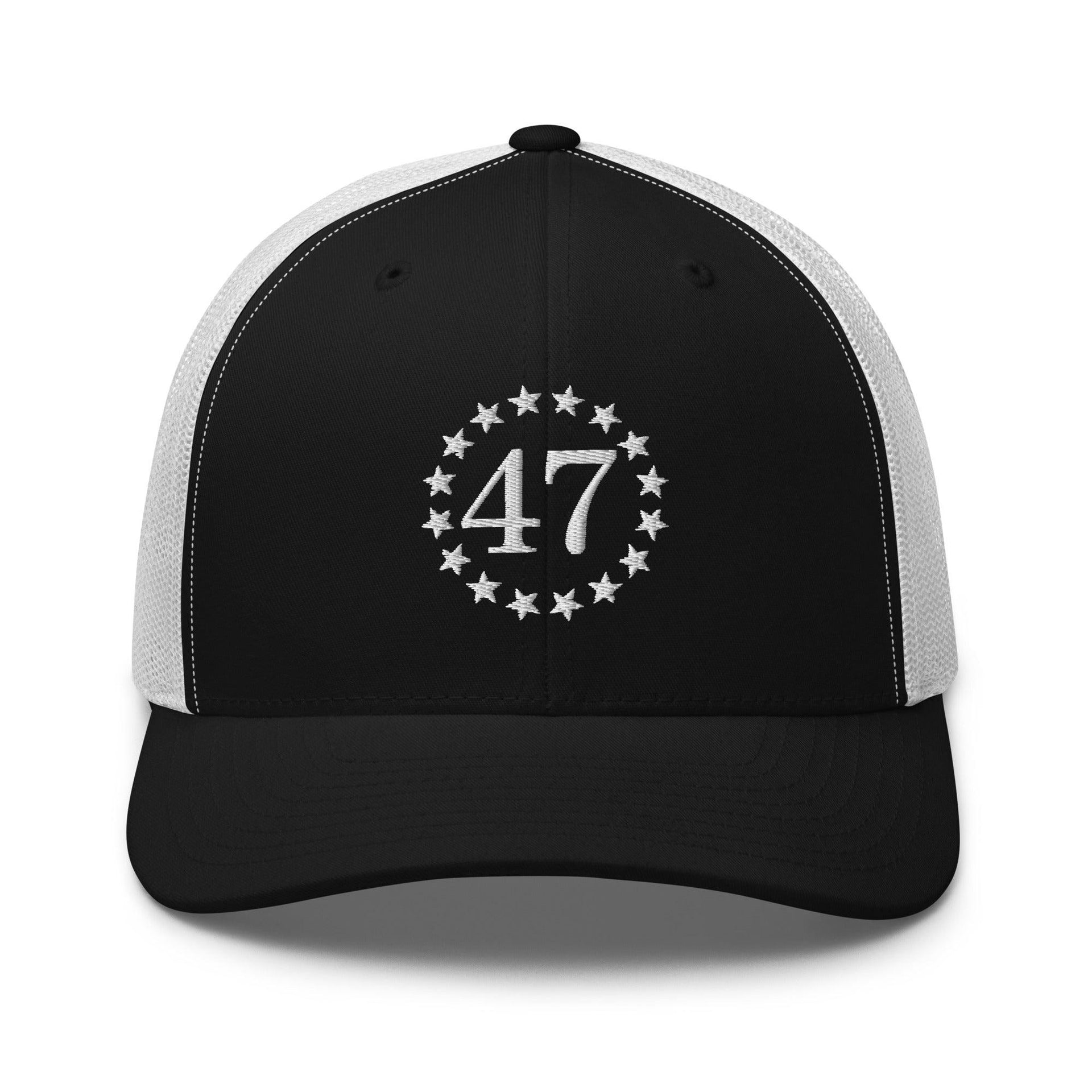 Trump 47 Embroidered Mesh Trucker Hat Black White Capital Crowns Conservative LADs Trucker Hats Trump