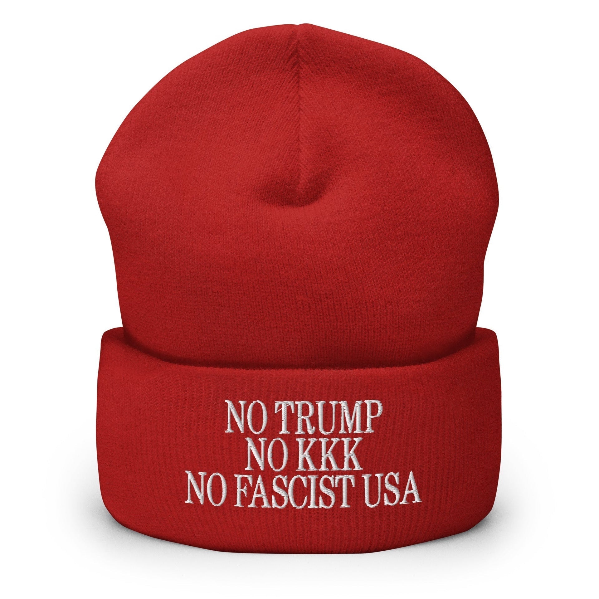 No Trump, No KKK, No Fascist USA Embroidered Cuffed Knit Beanie Red Beanies Capital Crowns LADs Liberal