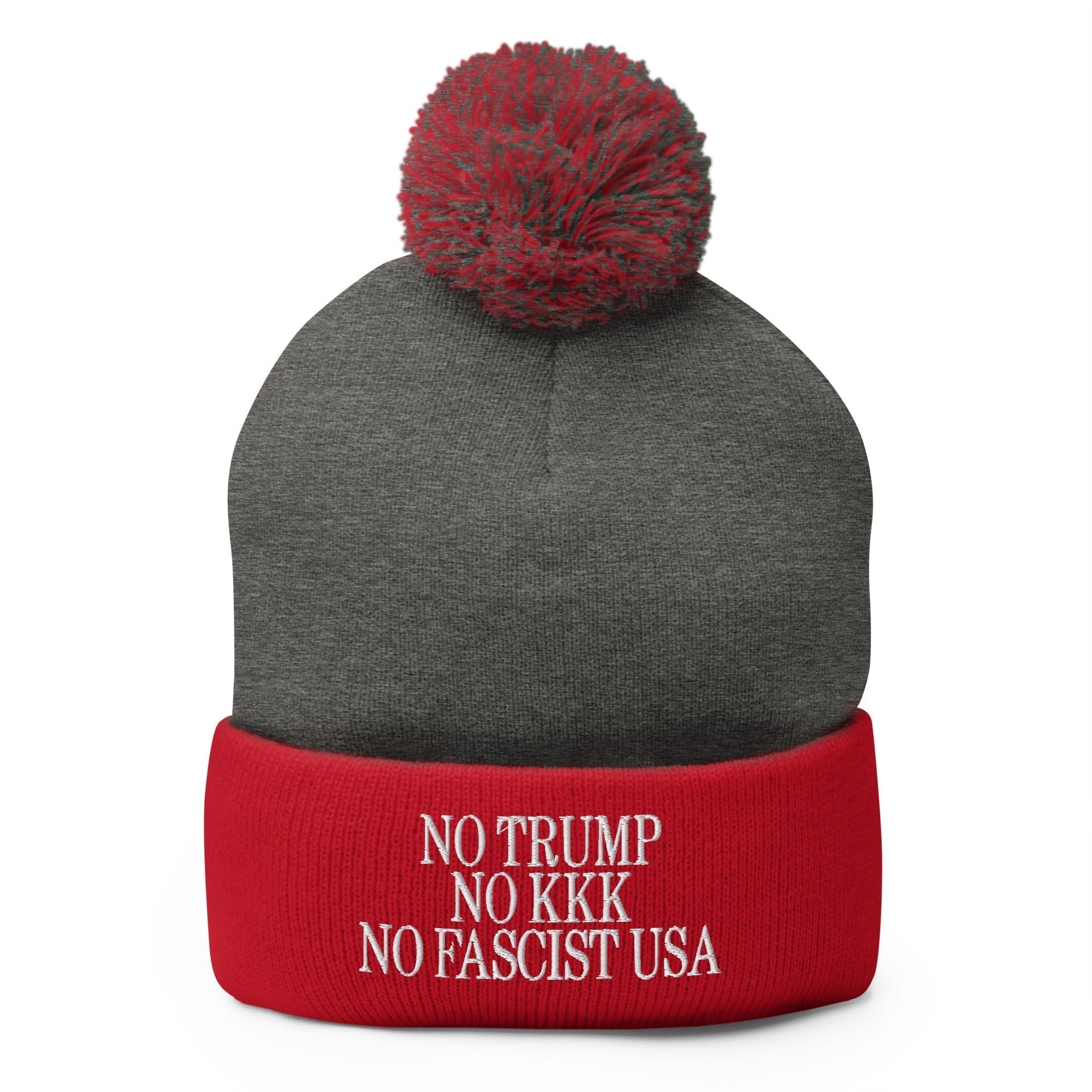 No Trump, No KKK, No Fascist USA Embroidered Pom Pom Knit Beanie Dark Heather Grey Red Beanies Capital Crowns LADs Liberal
