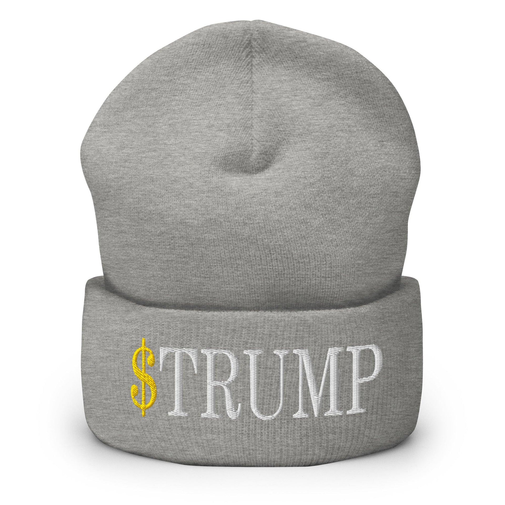 Premium $Trump Official Trump Meme Coin Embroidered Cuffed Knit Beanie | Custom Embroidery Available - Fast Turnaround Heather Grey Beanies Capital Crowns Crypto LADs