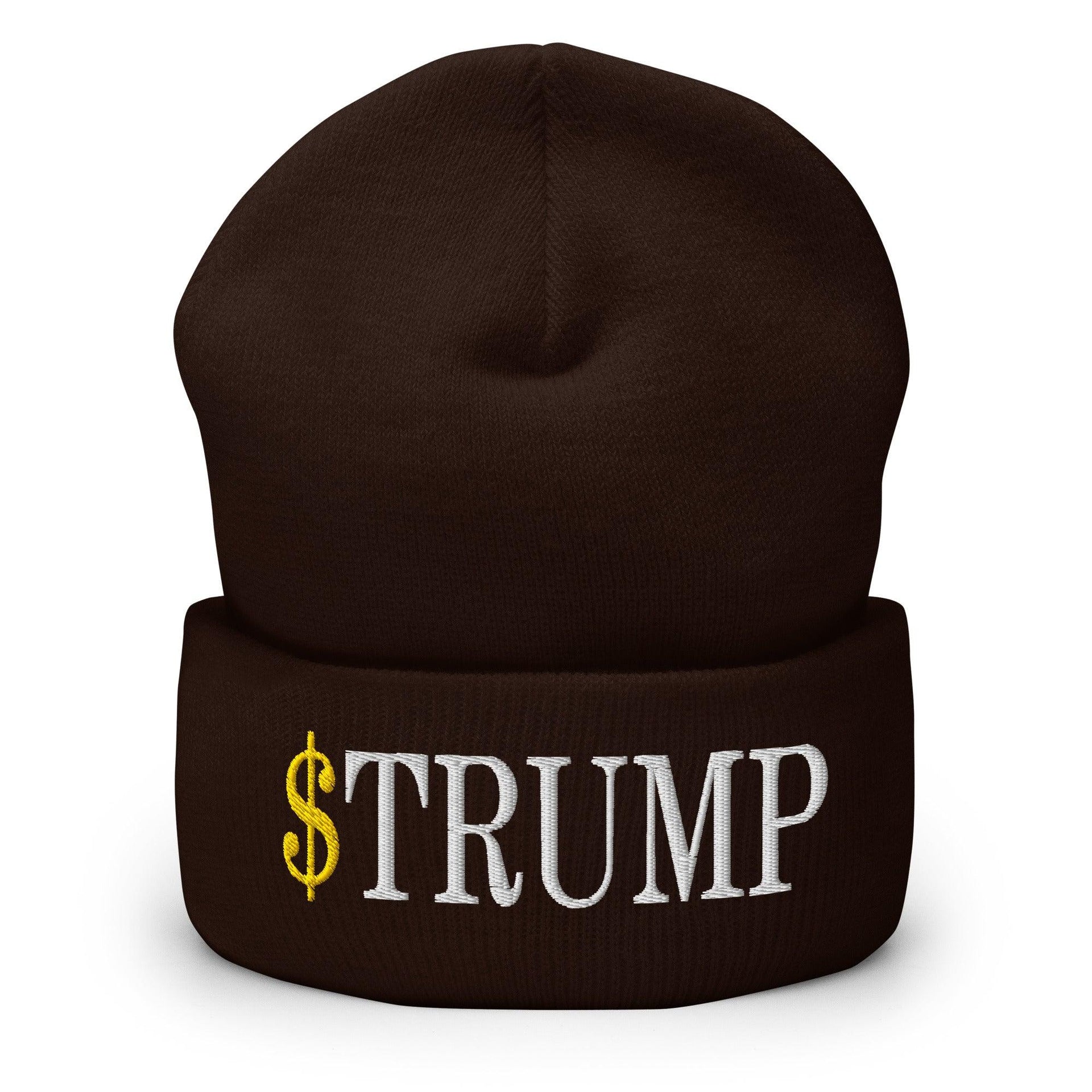 Premium $Trump Official Trump Meme Coin Embroidered Cuffed Knit Beanie | Custom Embroidery Available - Fast Turnaround Brown Beanies Capital Crowns Crypto LADs