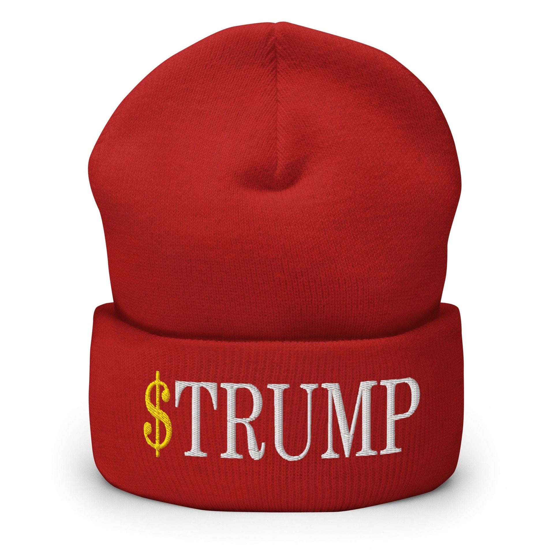 Premium $Trump Official Trump Meme Coin Embroidered Cuffed Knit Beanie | Custom Embroidery Available - Fast Turnaround Red Beanies Capital Crowns Crypto LADs