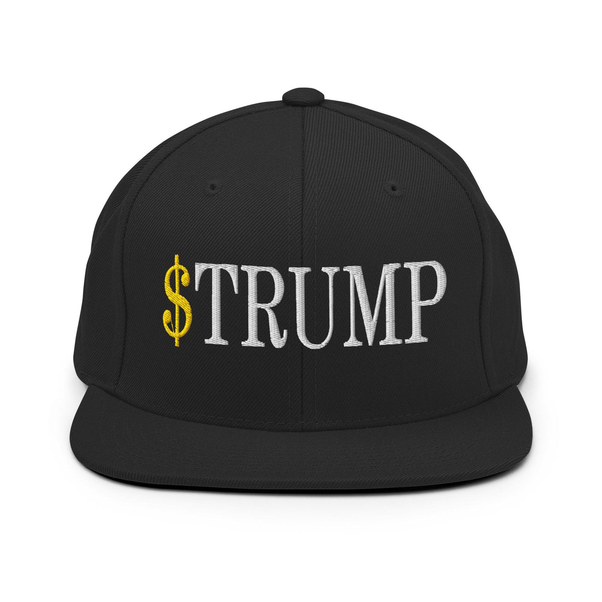 Premium $Trump Official Trump Meme Coin Embroidered Flat Brim Bill Snapback Hat | Custom Embroidery Available - Fast Turnaround Black Capital Crowns Crypto LADs Snapback Hats