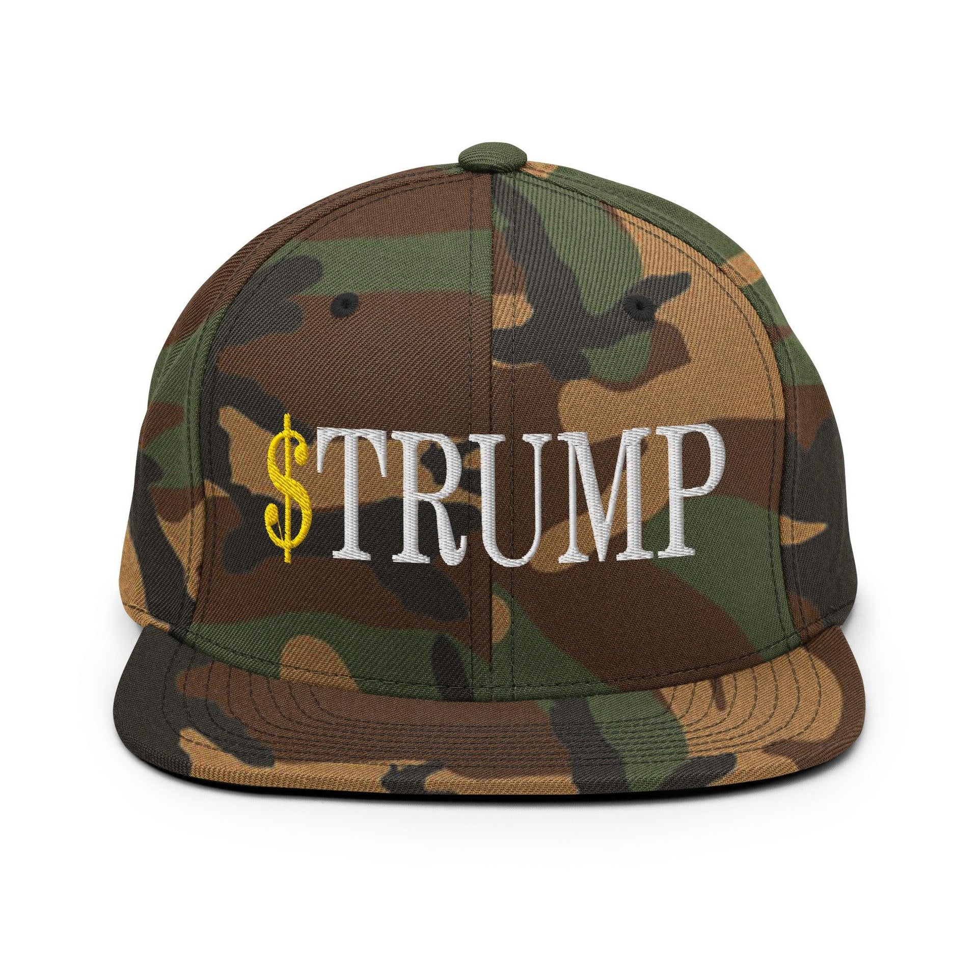 Premium $Trump Official Trump Meme Coin Embroidered Flat Brim Bill Snapback Hat | Custom Embroidery Available - Fast Turnaround Green Camo Capital Crowns Crypto LADs Snapback Hats