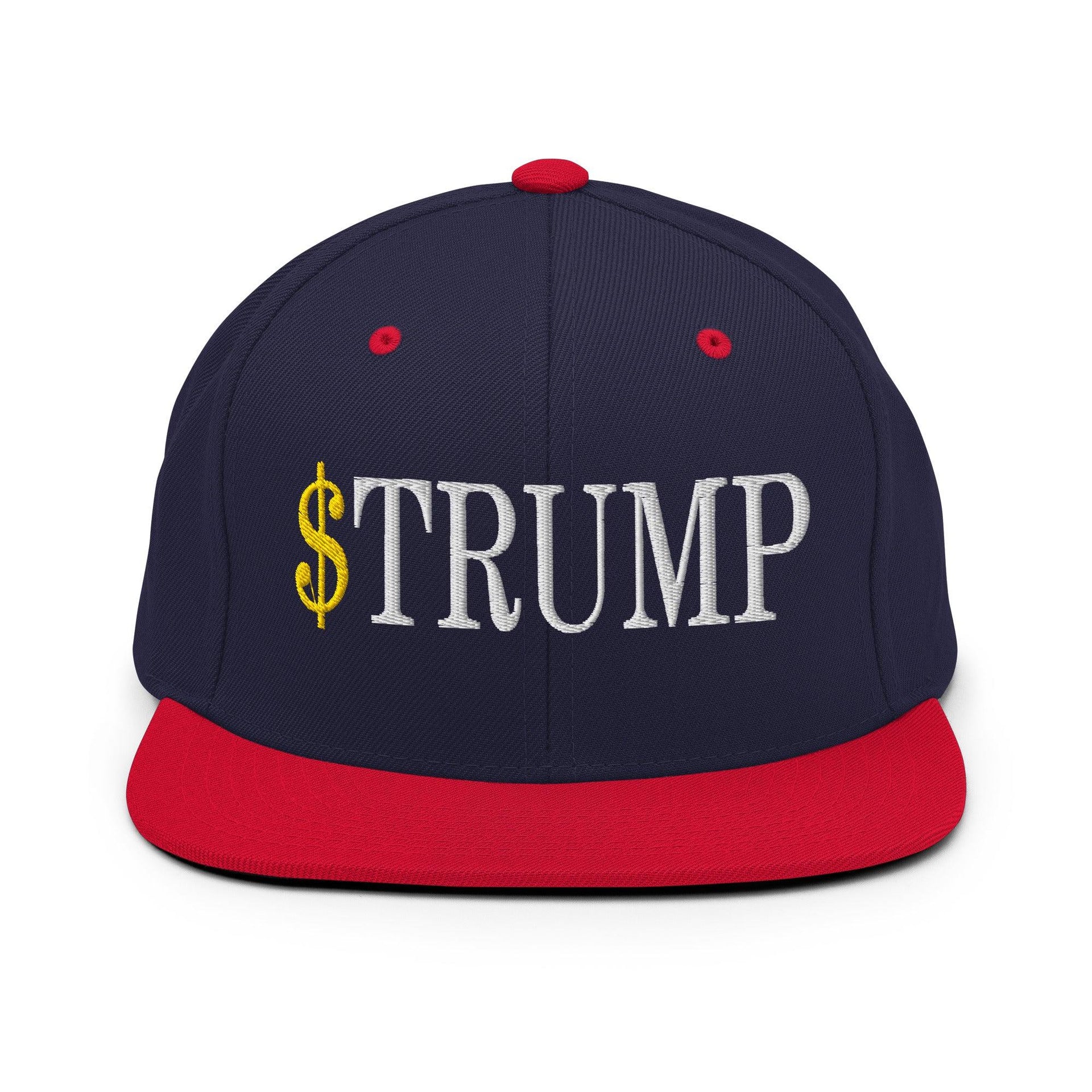 Premium $Trump Official Trump Meme Coin Embroidered Flat Brim Bill Snapback Hat | Custom Embroidery Available - Fast Turnaround Navy Red Capital Crowns Crypto LADs Snapback Hats