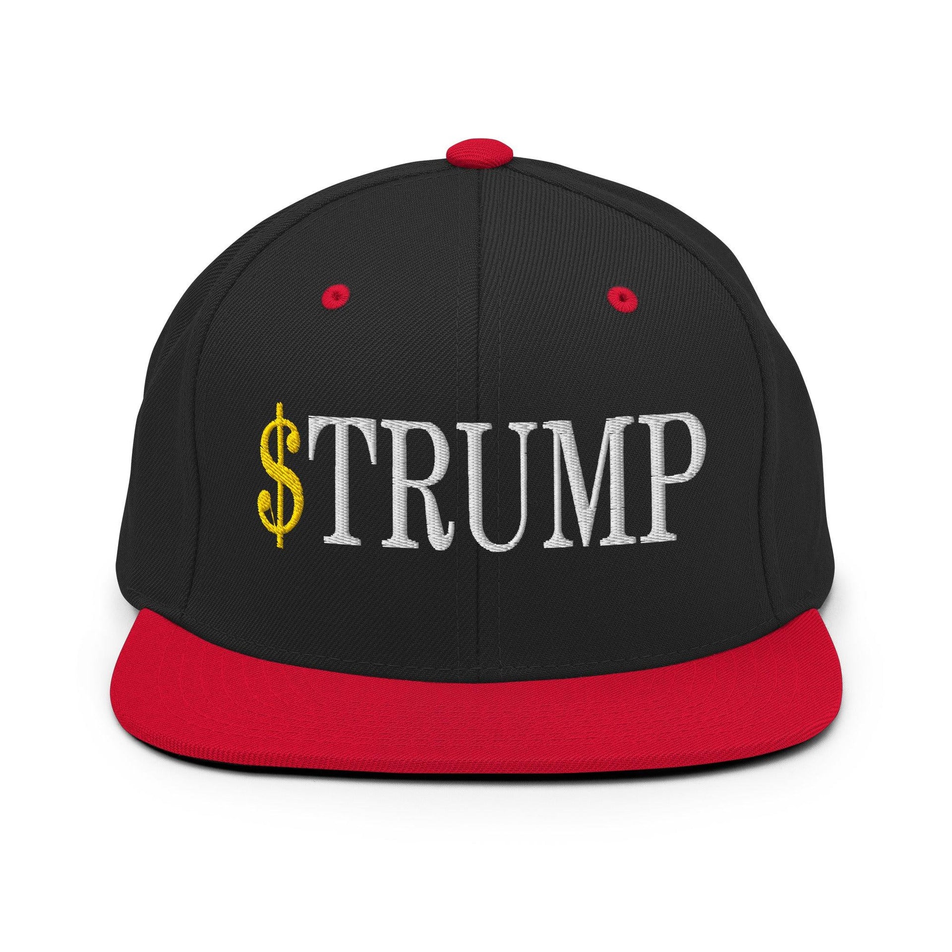 Premium $Trump Official Trump Meme Coin Embroidered Flat Brim Bill Snapback Hat | Custom Embroidery Available - Fast Turnaround Black Red Capital Crowns Crypto LADs Snapback Hats