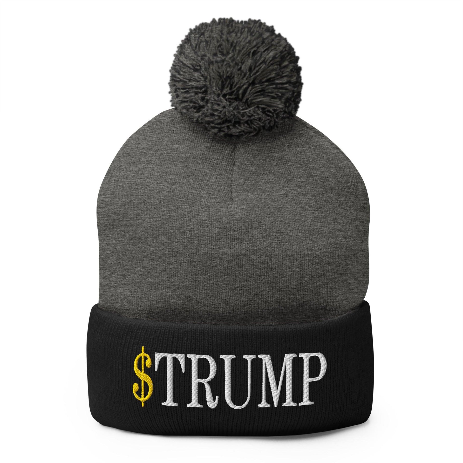 Premium $Trump Official Trump Meme Coin Embroidered Pom Pom Knit Beanie | Custom Embroidery Available - Fast Turnaround Dark Heather Grey Black Beanies Capital Crowns Crypto LADs