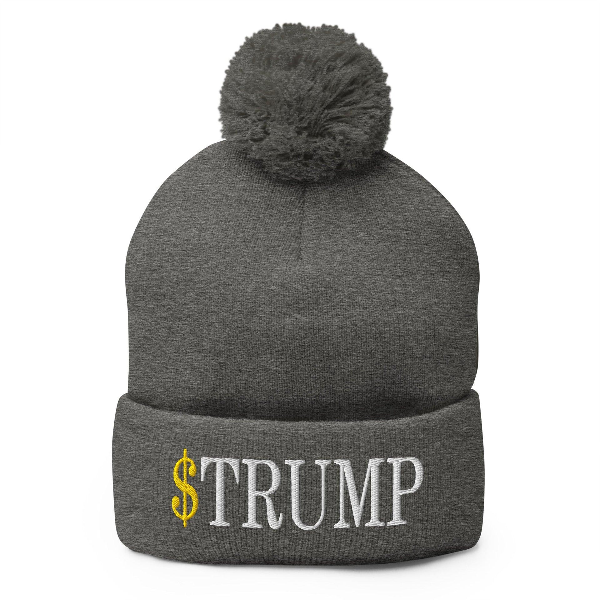 Premium $Trump Official Trump Meme Coin Embroidered Pom Pom Knit Beanie | Custom Embroidery Available - Fast Turnaround Dark Heather Grey Beanies Capital Crowns Crypto LADs