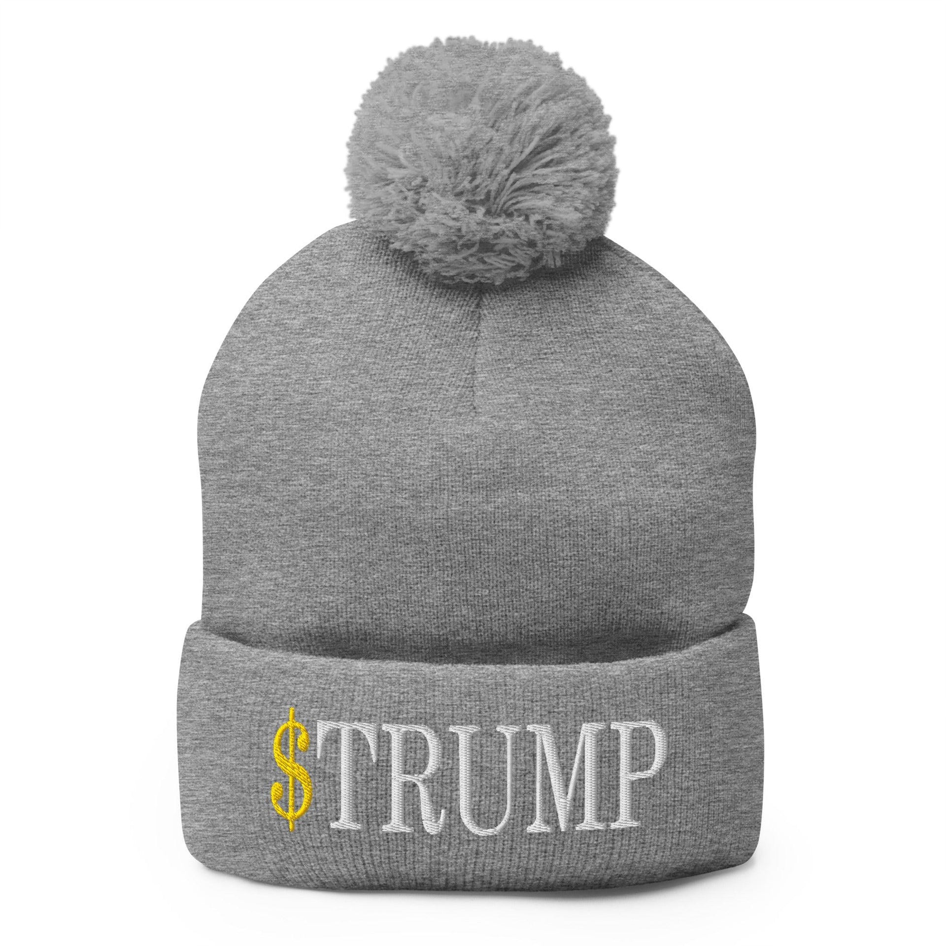 Premium $Trump Official Trump Meme Coin Embroidered Pom Pom Knit Beanie | Custom Embroidery Available - Fast Turnaround Heather Grey Beanies Capital Crowns Crypto LADs