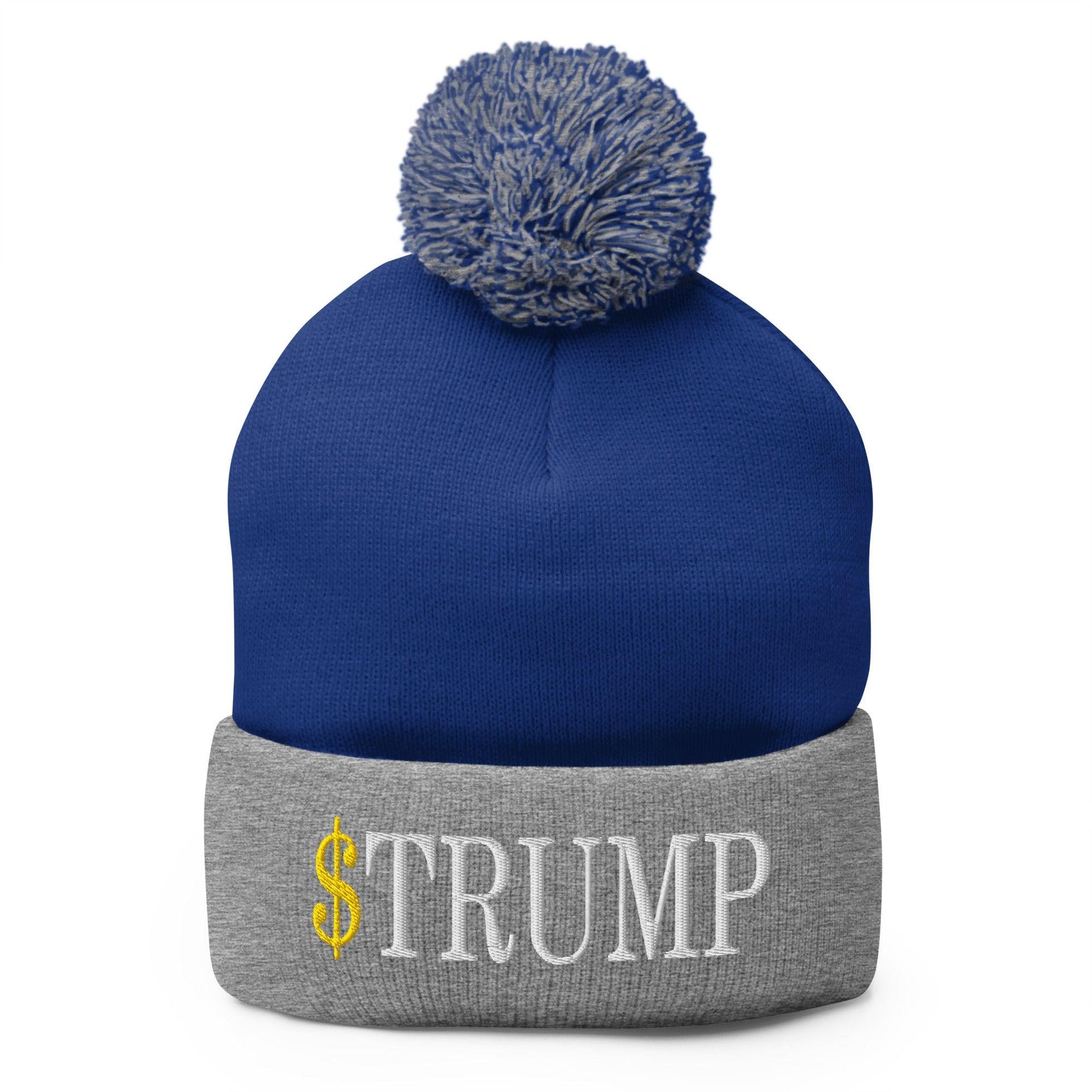 Premium $Trump Official Trump Meme Coin Embroidered Pom Pom Knit Beanie | Custom Embroidery Available - Fast Turnaround Royal Heather Grey Beanies Capital Crowns Crypto LADs