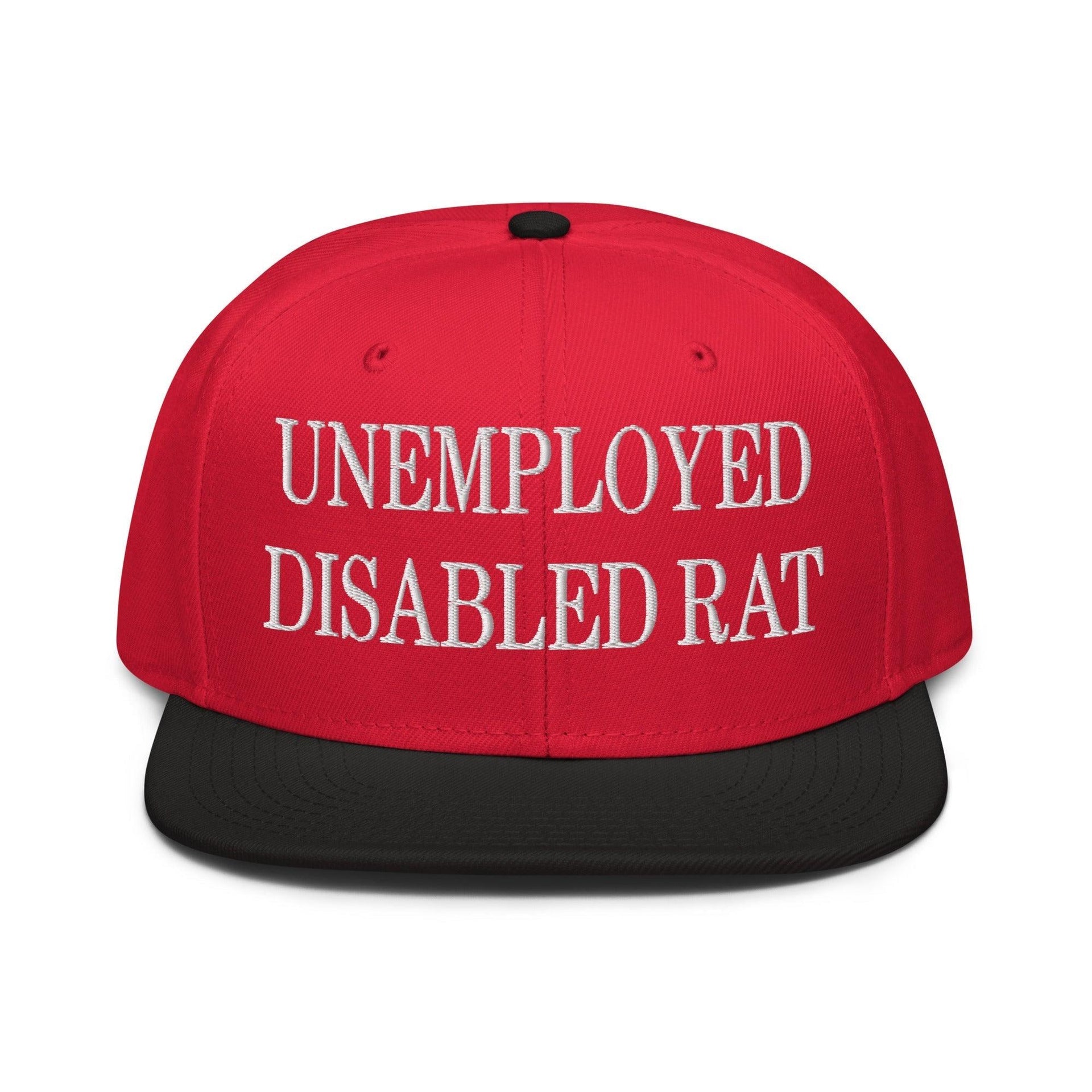 Unemployed Disabled Rat Embroidered Flat Brim Bill Snapback Hat Black Red Red Capital Crowns Funny Snapback Hats