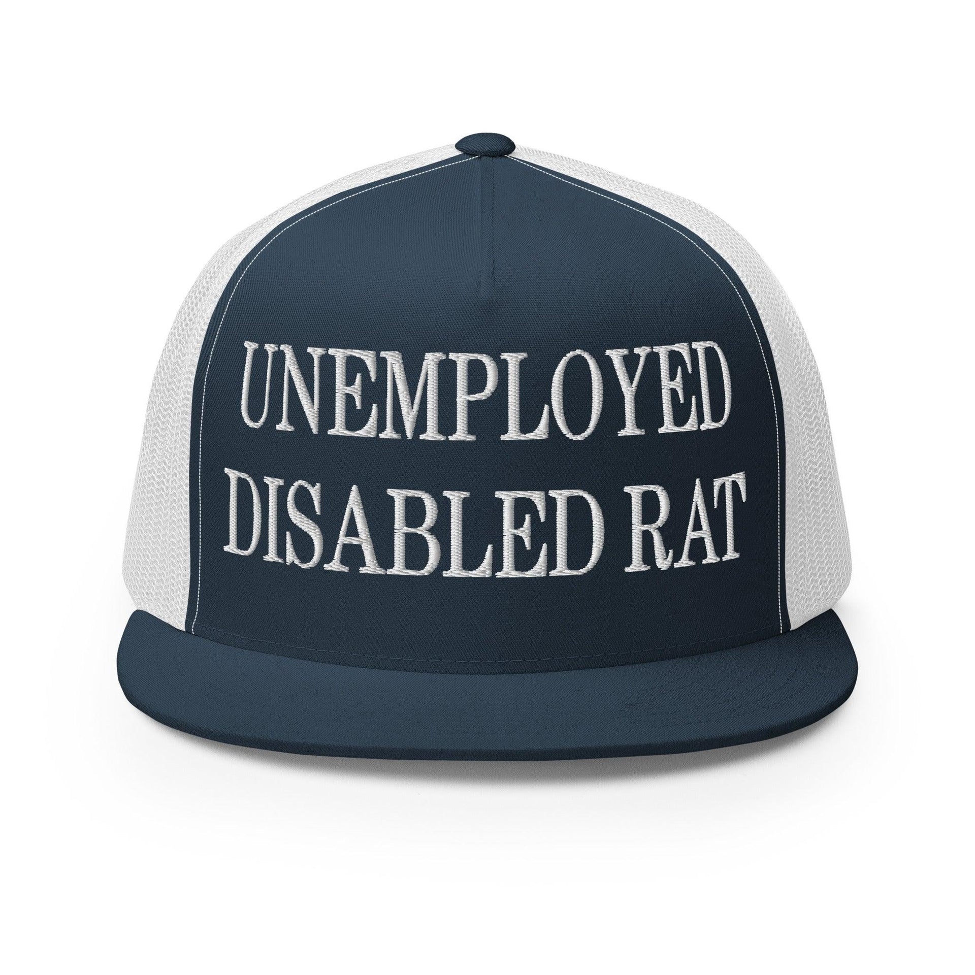 Unemployed Disabled Rat Embroidered Mesh Flat Bill Brim Trucker Hat Navy White Capital Crowns Funny Trucker Hats