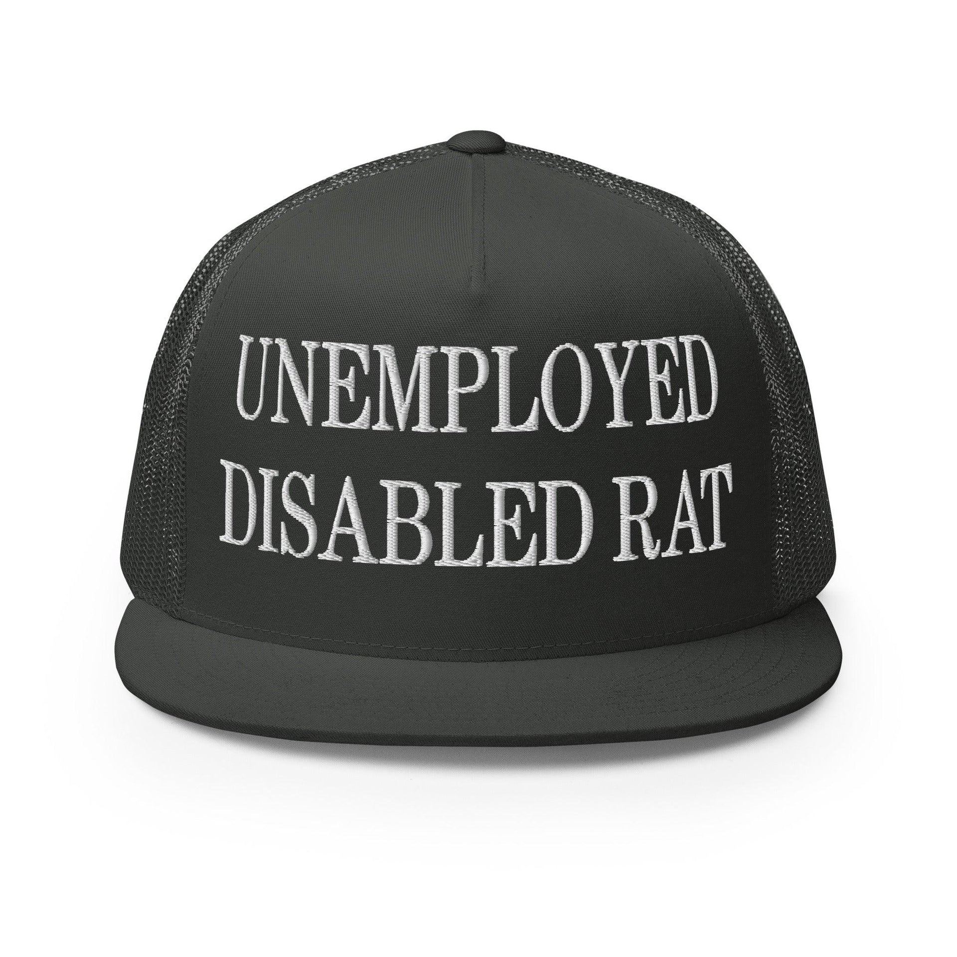 Unemployed Disabled Rat Embroidered Mesh Flat Bill Brim Trucker Hat Charcoal Capital Crowns Funny Trucker Hats