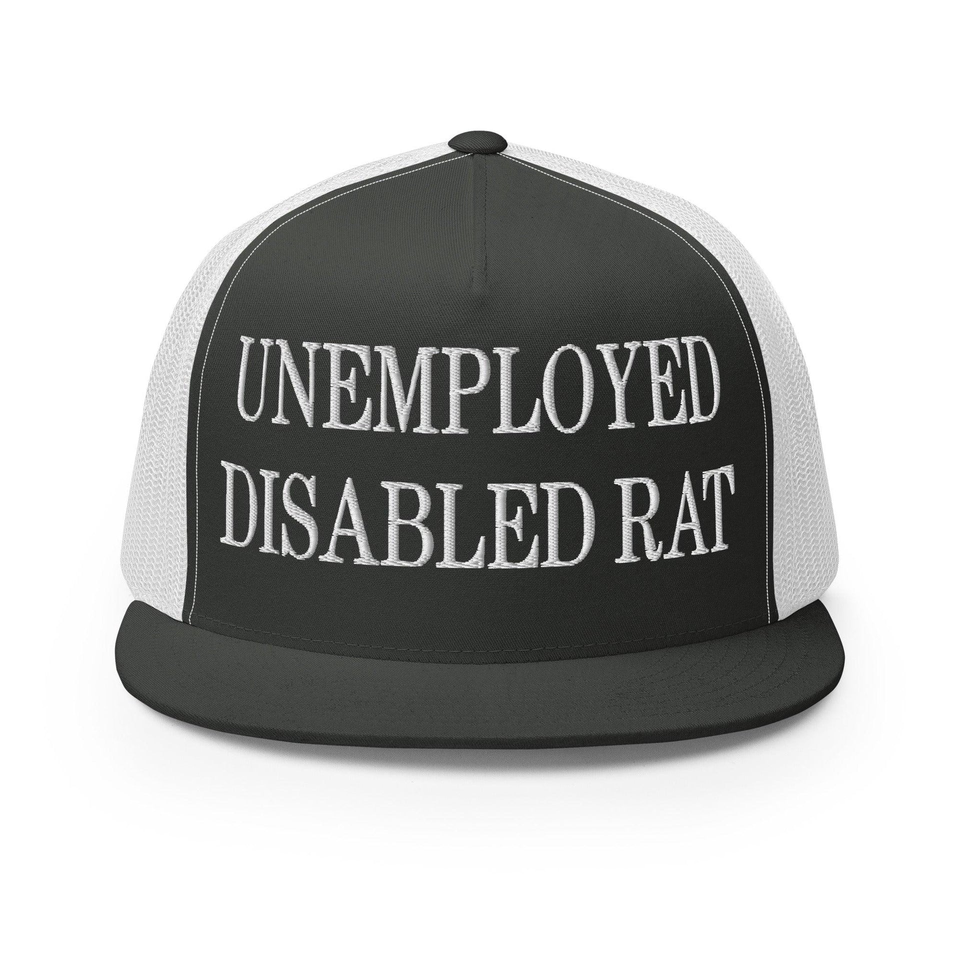 Unemployed Disabled Rat Embroidered Mesh Flat Bill Brim Trucker Hat Charcoal White Capital Crowns Funny Trucker Hats