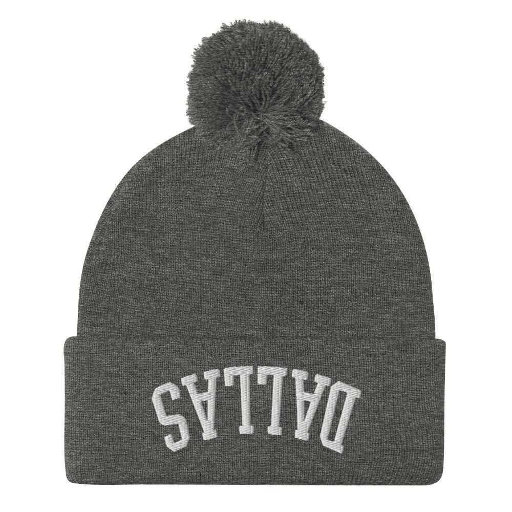 Upside Down Dallas Embroidered Knit Pom Pom Beanie Dark Heather Grey Beanies Capital Crowns Dallas TX