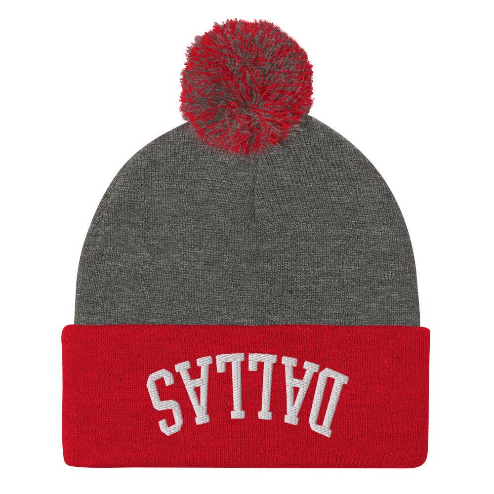 Upside Down Dallas Embroidered Knit Pom Pom Beanie Dark Heather Grey Red Beanies Capital Crowns Dallas TX