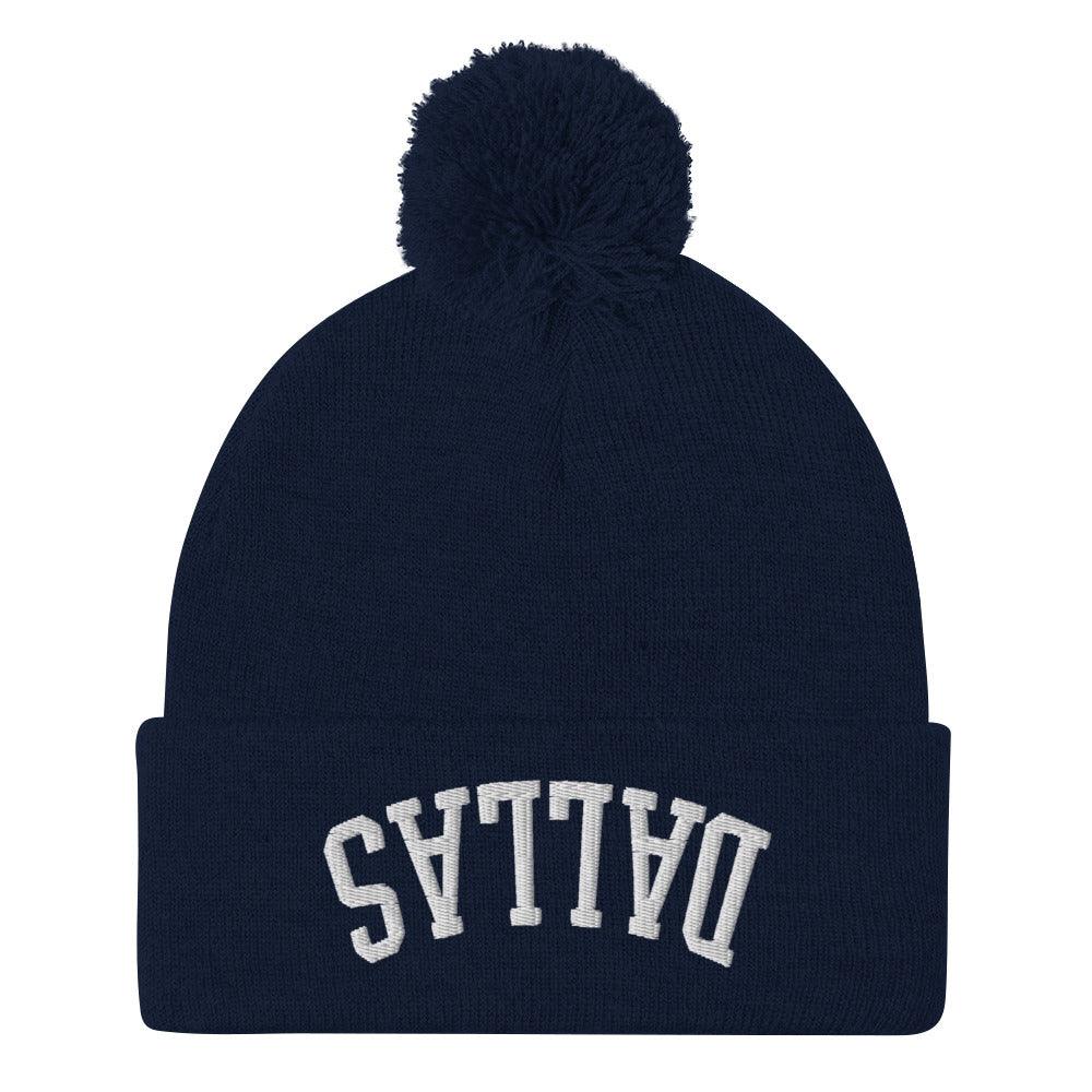 Upside Down Dallas Embroidered Knit Pom Pom Beanie Navy Beanies Capital Crowns Dallas TX