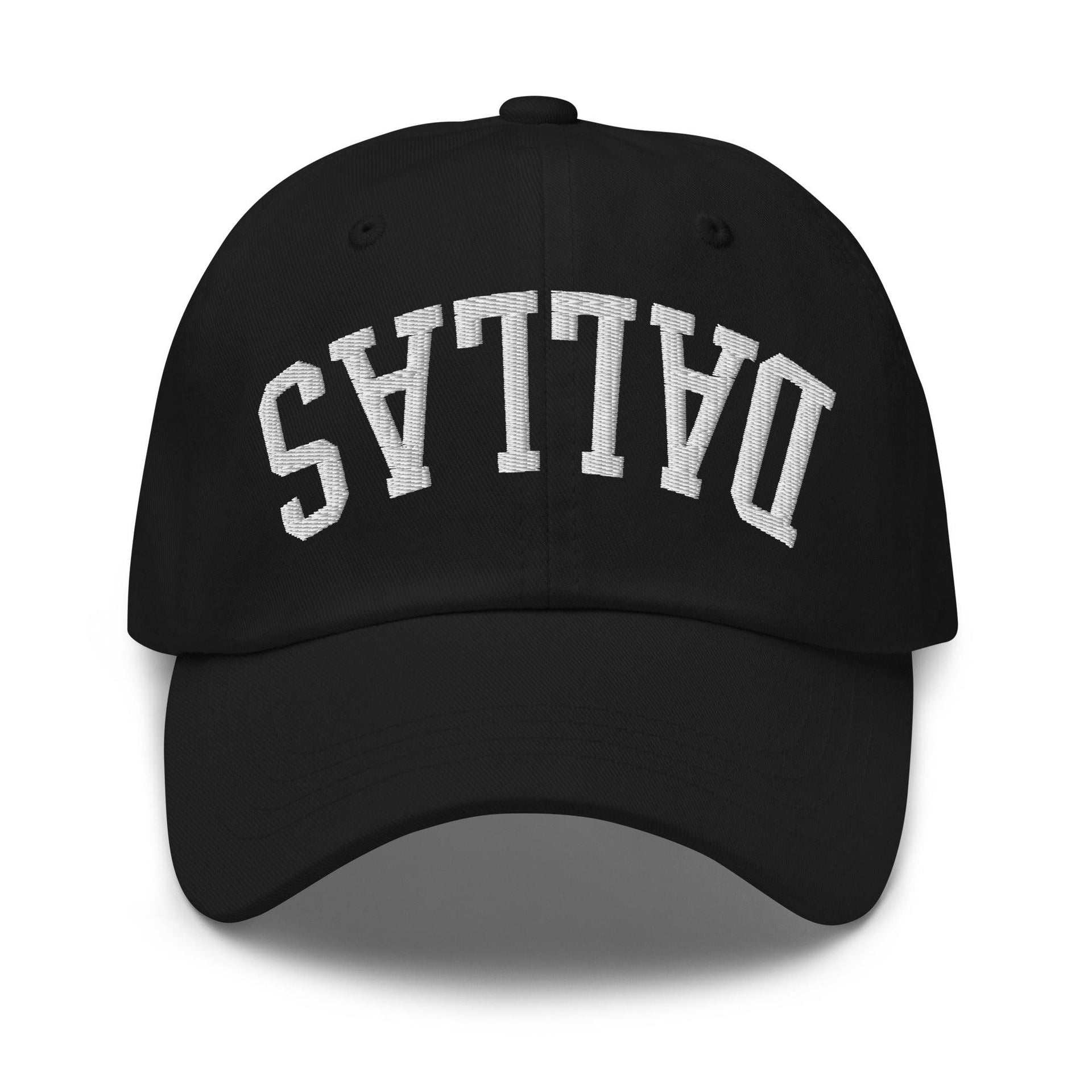 Upside Down Dallas Varsity Letterman Embroidered Dad Hat Black Capital Crowns Dad Hats Dallas TX